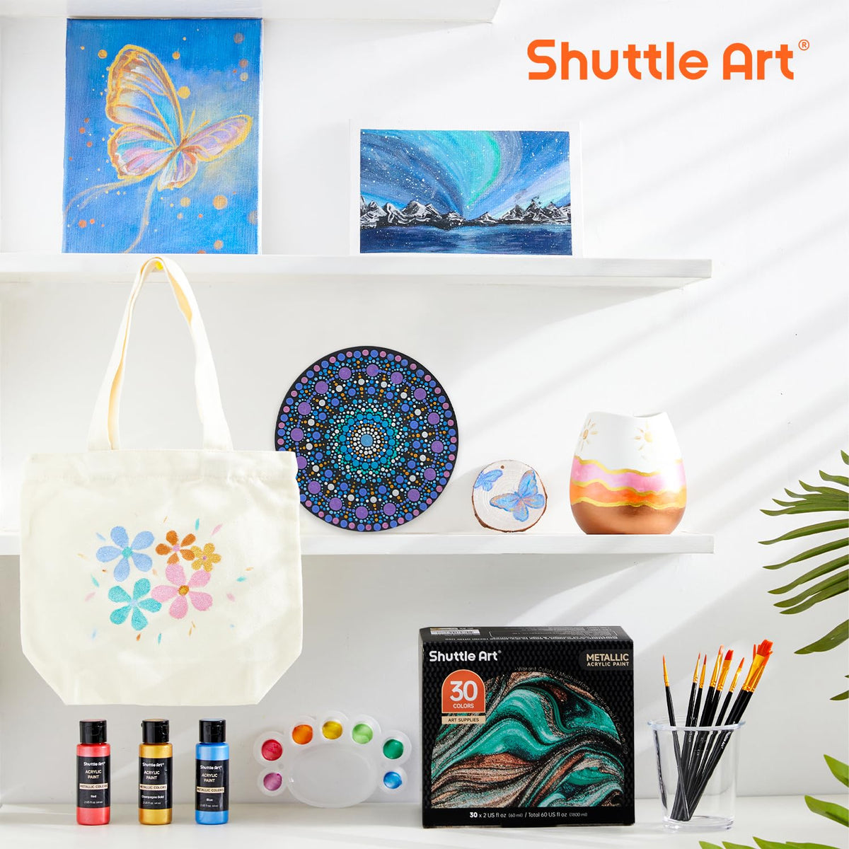 Shuttle Art Acrylic Paint, 36 Colors Acrylic Paint Set with Brushes & Palette, 2oz/60ml Bottles, Rich Pigments Non-toxic for Artists Kids & Adults, Painting on Canvas Rocks Ceramic Wood Jansha Store