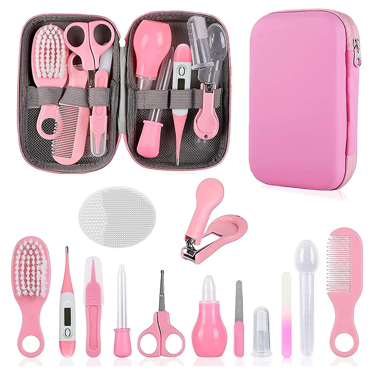 Baby Grooming Kit, Infant Safety Care Set with Hair Brush Comb Nail Clipper Nasal Aspirator,Baby Essentials Kit for Newborn Girls Boys (Grey White) Jansha Store
