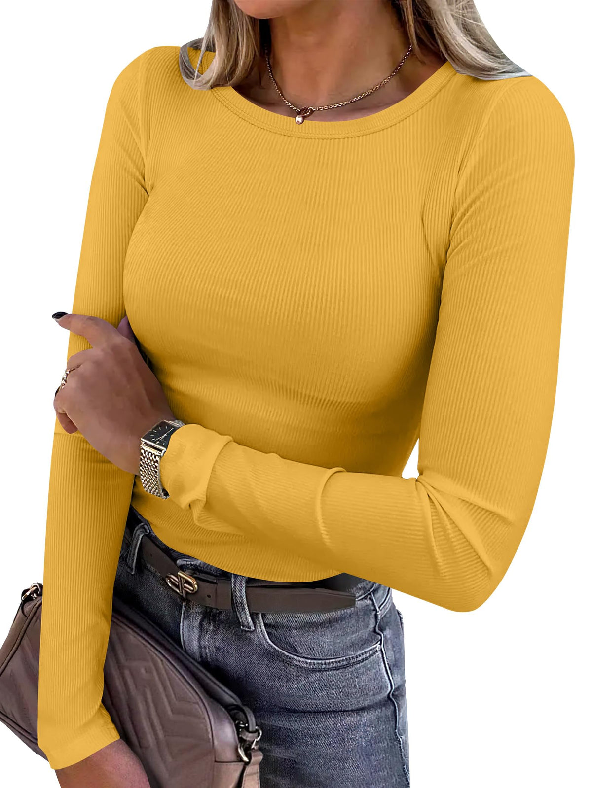 Everyday styling of the ribbed fitted long sleeve shirt with a skirt