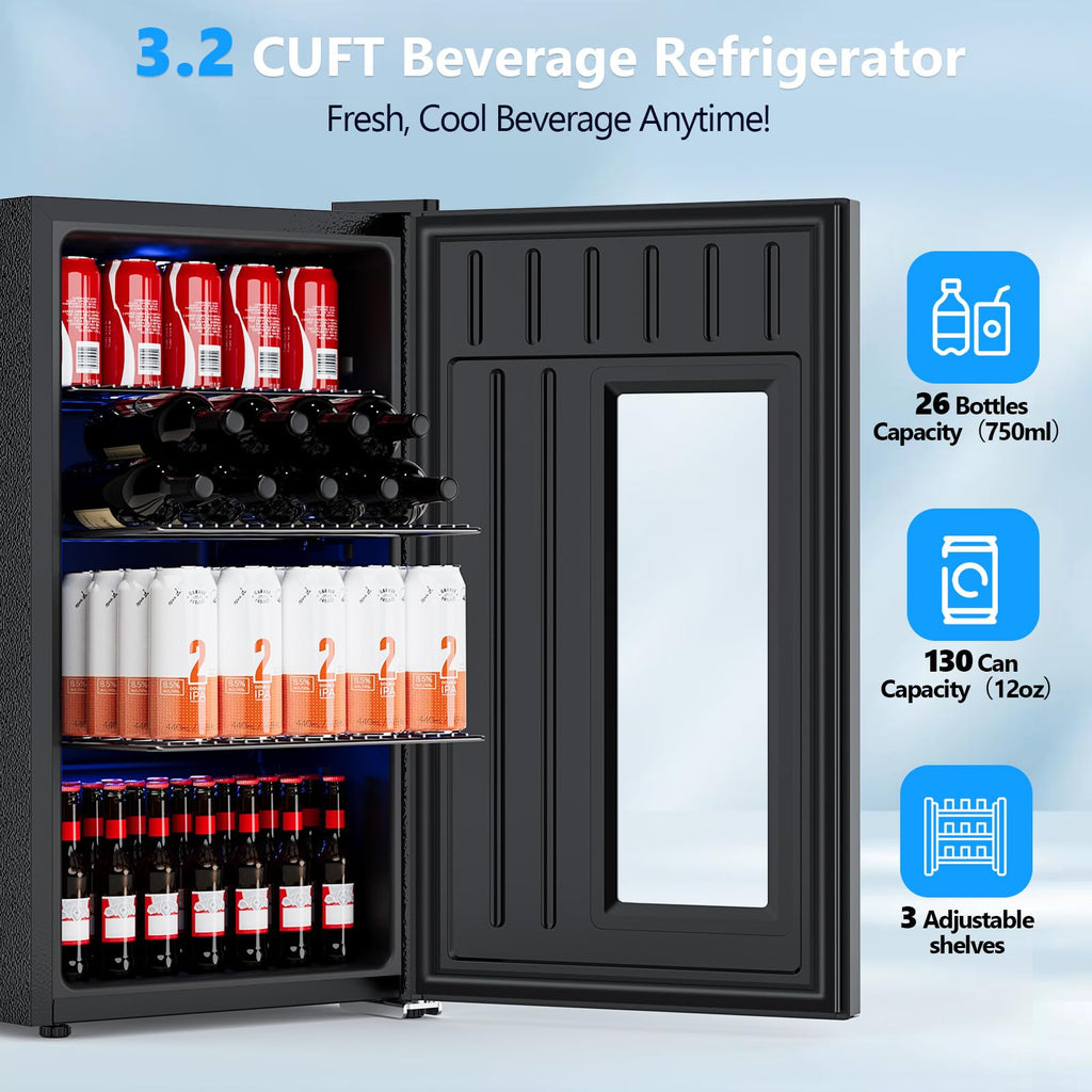 Electactic Mini Fridge 130 Can Beverage Refrigerator Cooler, 3.2 Cu.Ft Drink Fridge for Soda Wine Beer, Adjustable Temperature Control for Home Office, Black Jansha Store