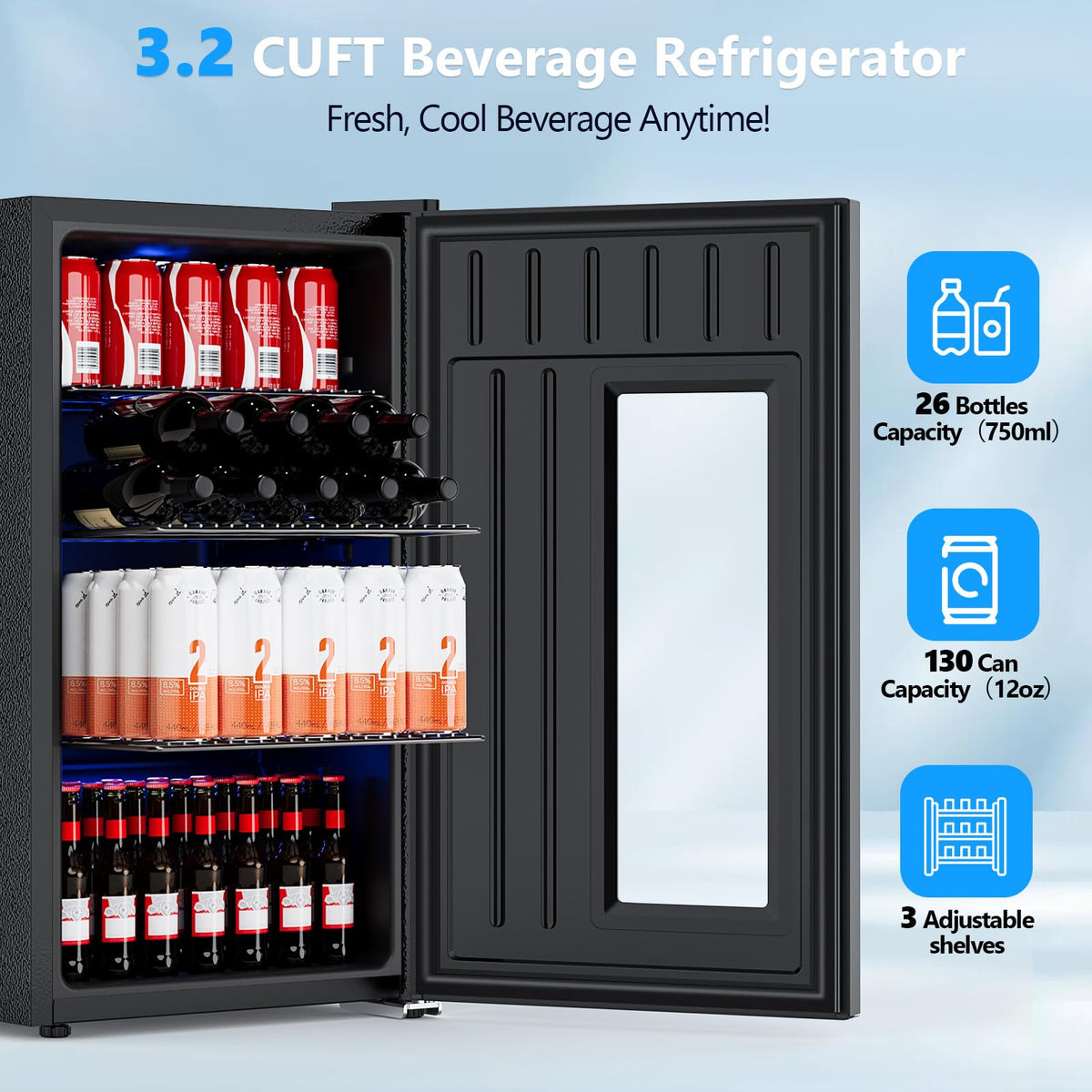 Electactic Mini Fridge 130 Can Beverage Refrigerator Cooler, 3.2 Cu.Ft Drink Fridge for Soda Wine Beer, Adjustable Temperature Control for Home Office, Black Jansha Store