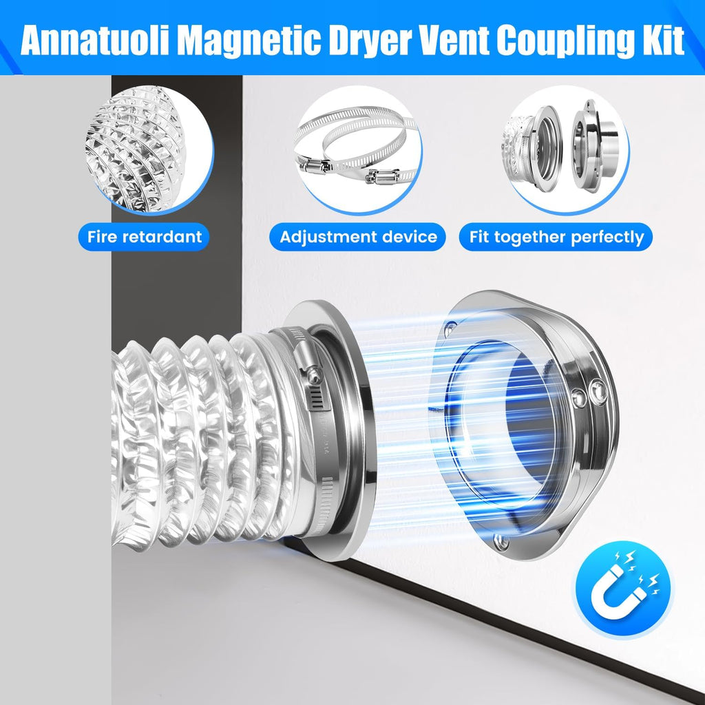 DV180 Magnetic Dryer Vent Kit, Airtight Seal Magntic Drver Vent Connector Kit, Including 6-Ply Aluminum Foil Duct and 2 Clamps, Easy to Clean Quick Connector Jansha Store