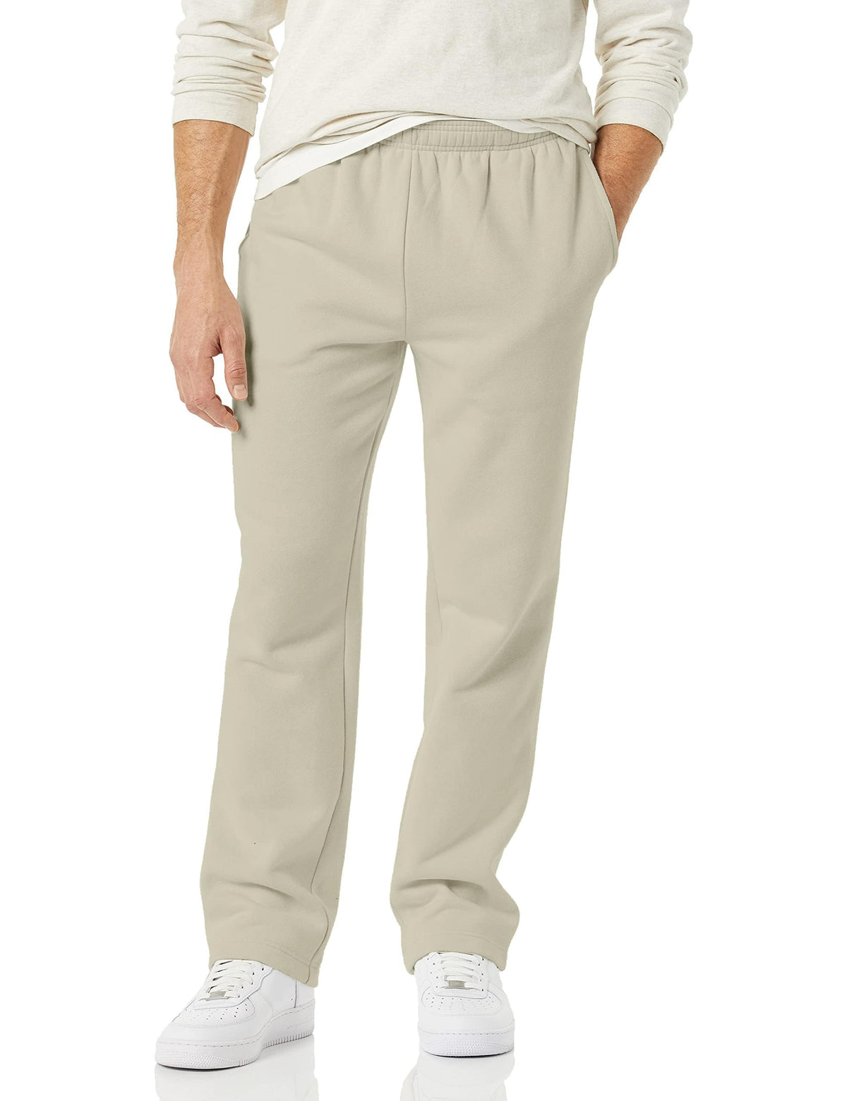 Back view of men's fleece sweatpants with open hem legs and roomy seat