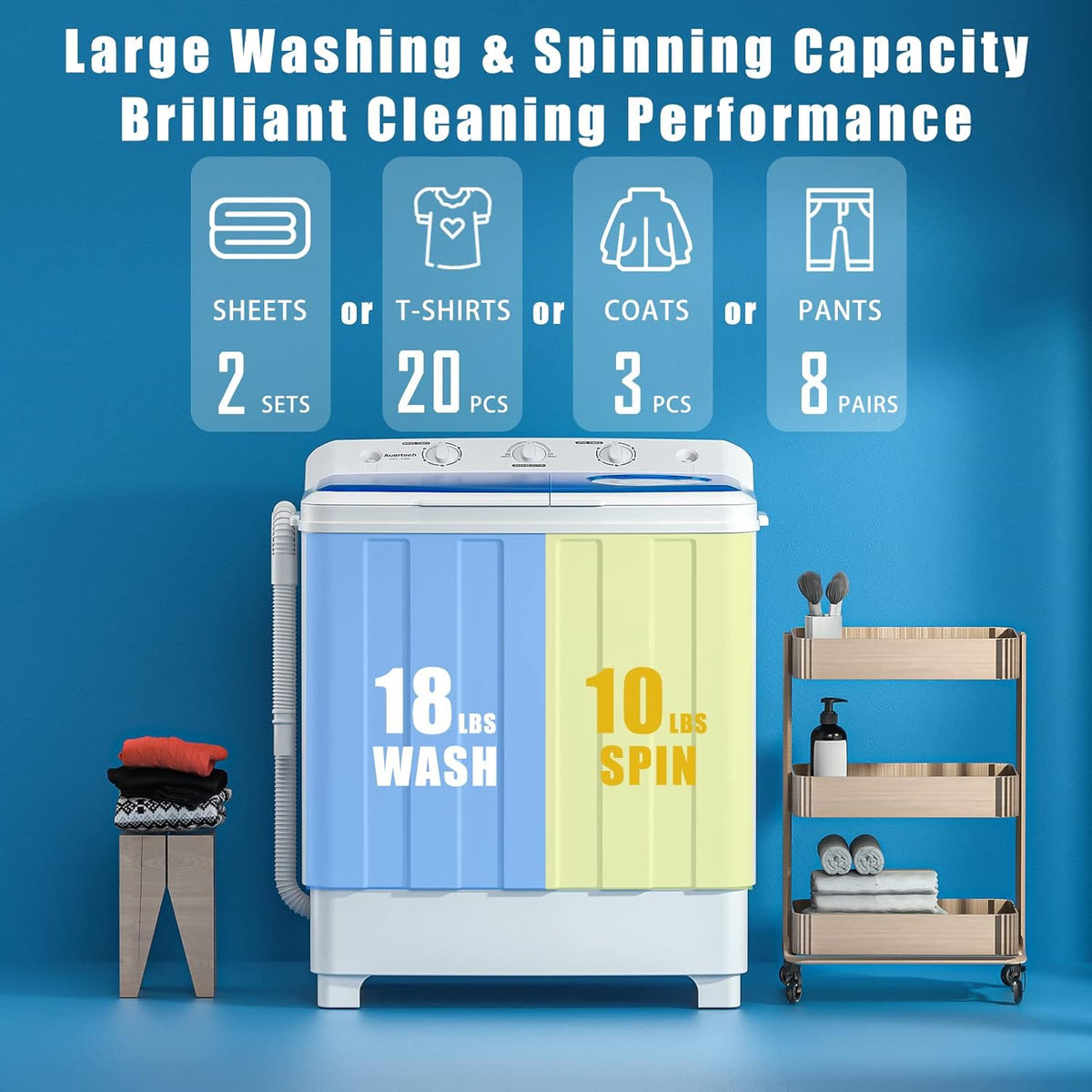 Auertech Portable Washing Machine, 28lbs Twin Tub Washer Mini Compact Laundry Machine with Drain Pump, Semi-automatic 18lbs Washer 10lbs Spinner Combo for Dorms, Apartments, RVs Jansha Store