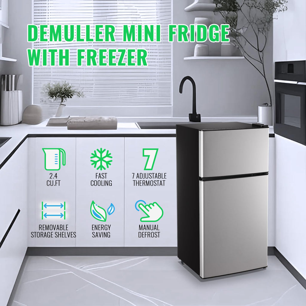 DEMULLER 45L Personal Double‑Door Mini Fridge With Freezer, Black Jansha Store