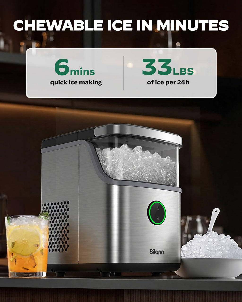 Silonn Ice Maker Countertop, 9 Cubes Ready in 6 Mins, 26lbs in 24Hrs, Self-Cleaning Ice Machine with Ice Scoop and Basket, 2 Sizes of Bullet Ice for Home Kitchen Office Bar Party Jansha Store