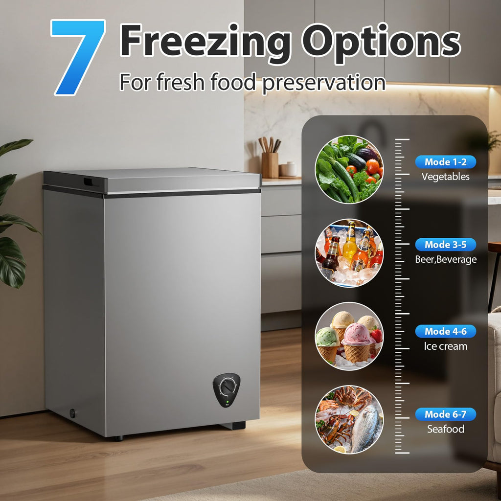 3.5 Cu.Ft Small Chest Freezer, Mini Deep Freezer with Removable Basket, Adjustable Temperature, Free Standing Top Open Door Energy Efficient Compact Freezer for Apartment, Home, Office, Garager，Gray Jansha Store