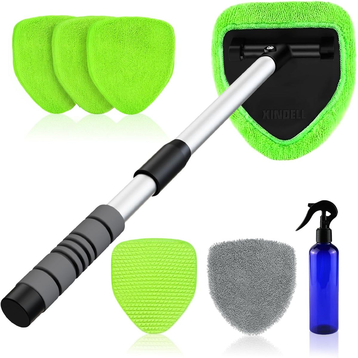 XINDELL Interior Windshield Cleaner Tool – Car Interior Window Cleaning Kit with Extendable Handle & 4 Microfiber Pads, Auto Wiper Inside Compact Windshield Brush for Car & Home Windows Jansha Store