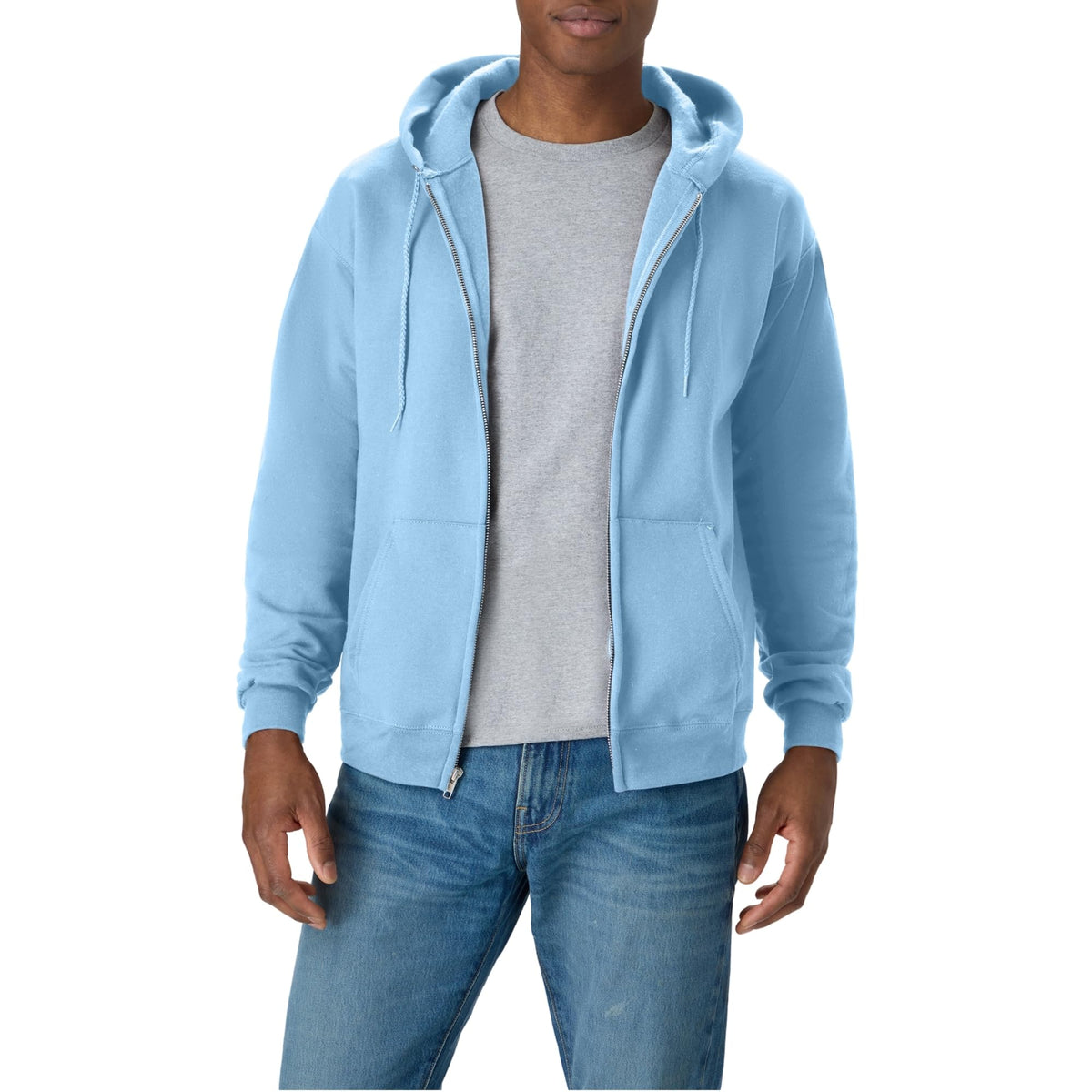 Men's hooded sweatshirt folded to show fleece texture and front zipper