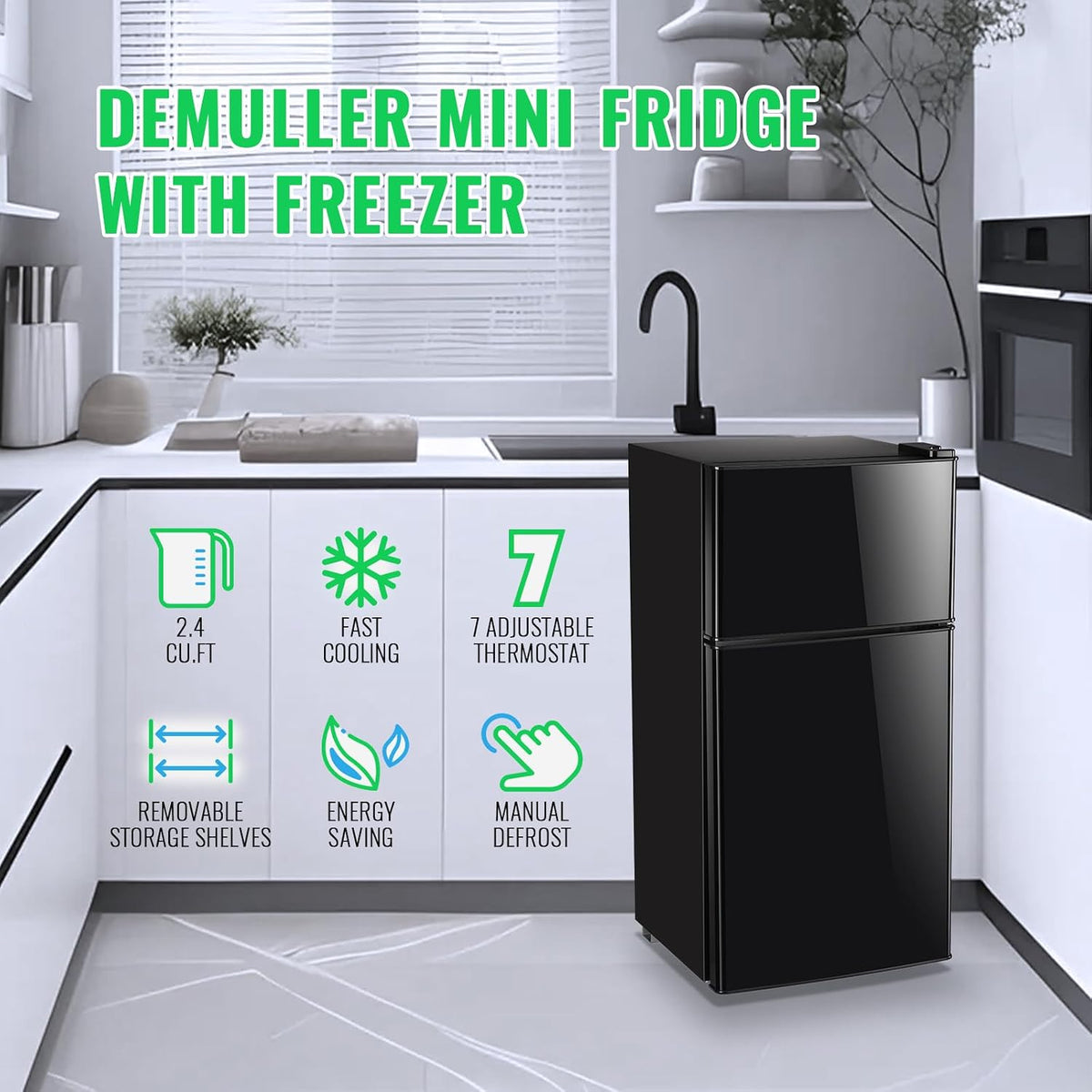 DEMULLER 45L Personal Double‑Door Mini Fridge With Freezer, Black Jansha Store
