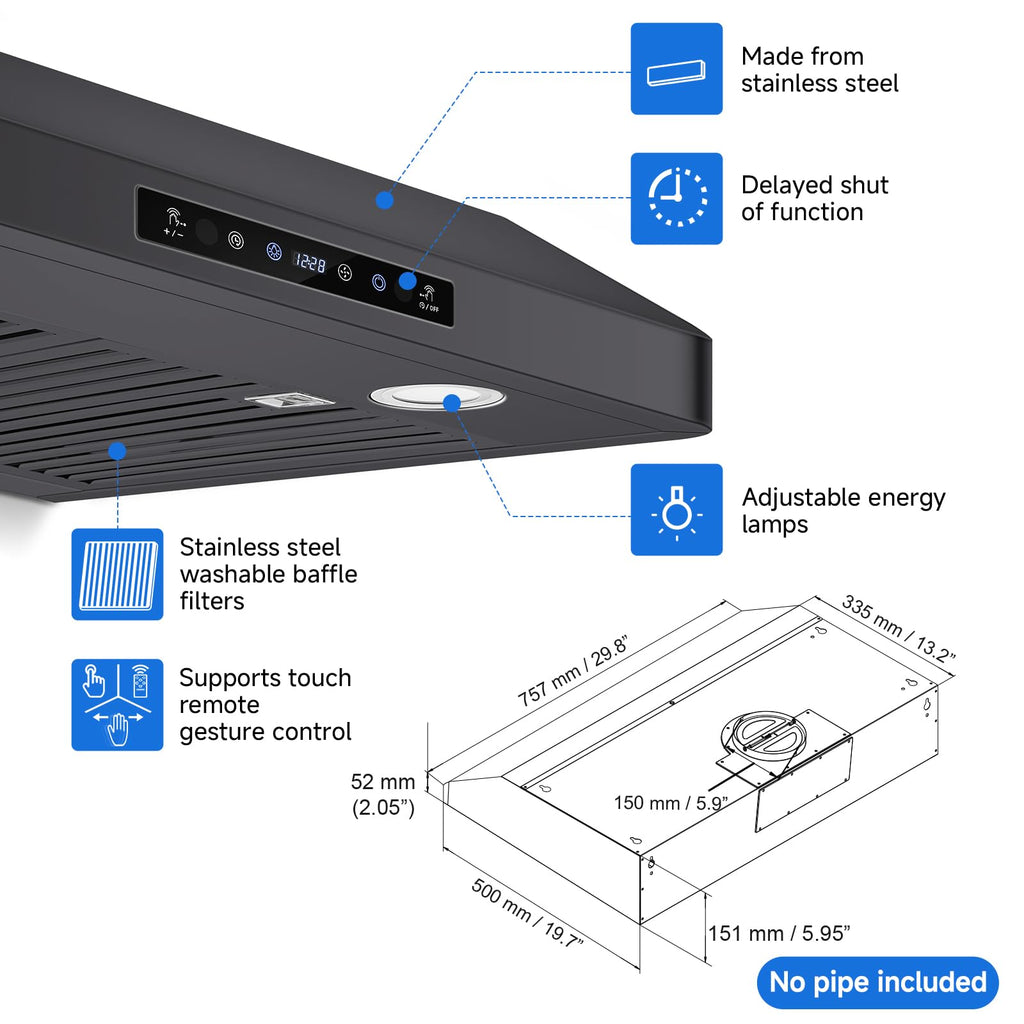 AMZCHEF 30" Under Cabinet Range Hood, 750CFM Stainless Steel Vent Hood Jansha Store