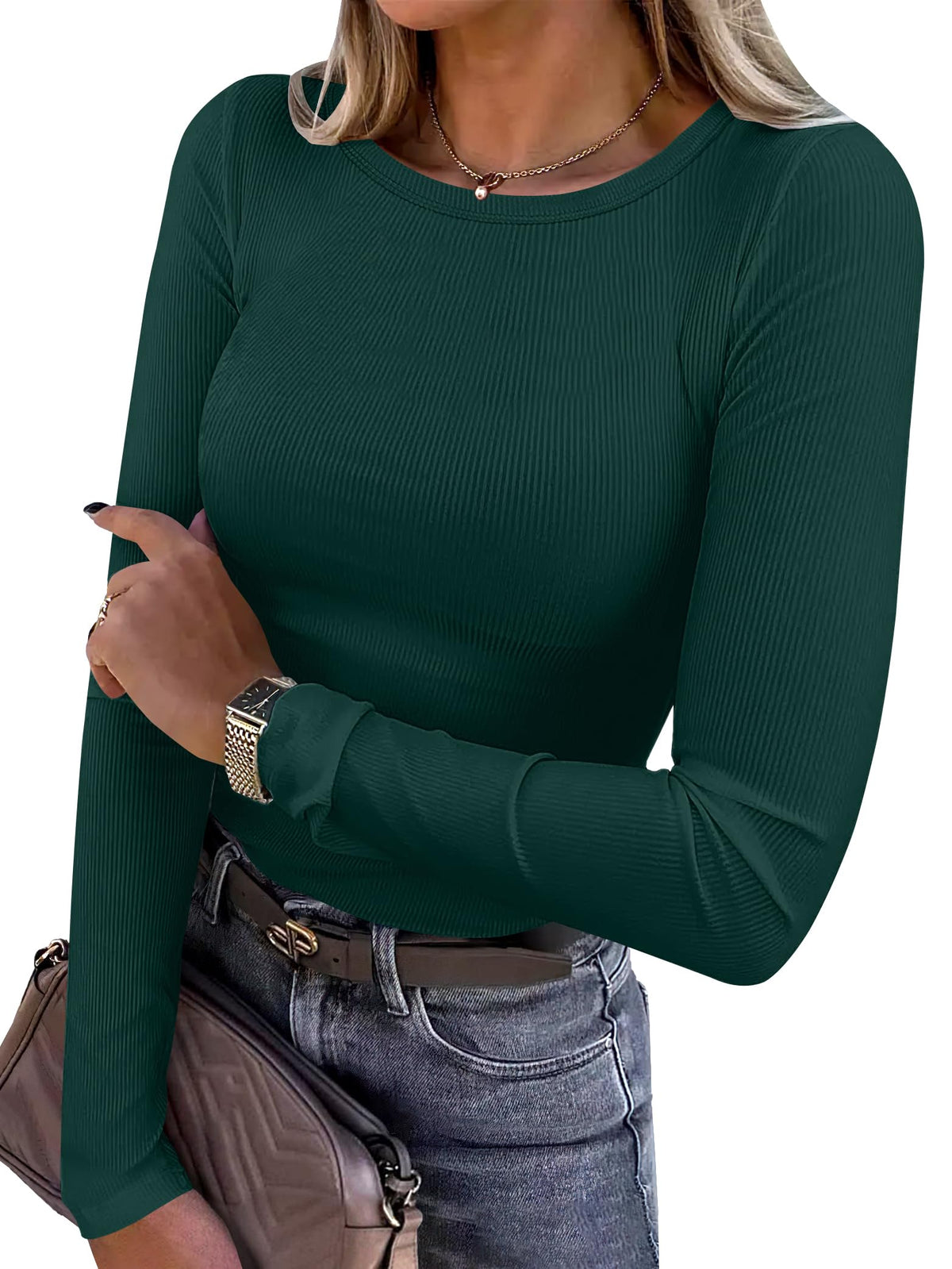 Women's long sleeve ribbed top shown in an alternate color