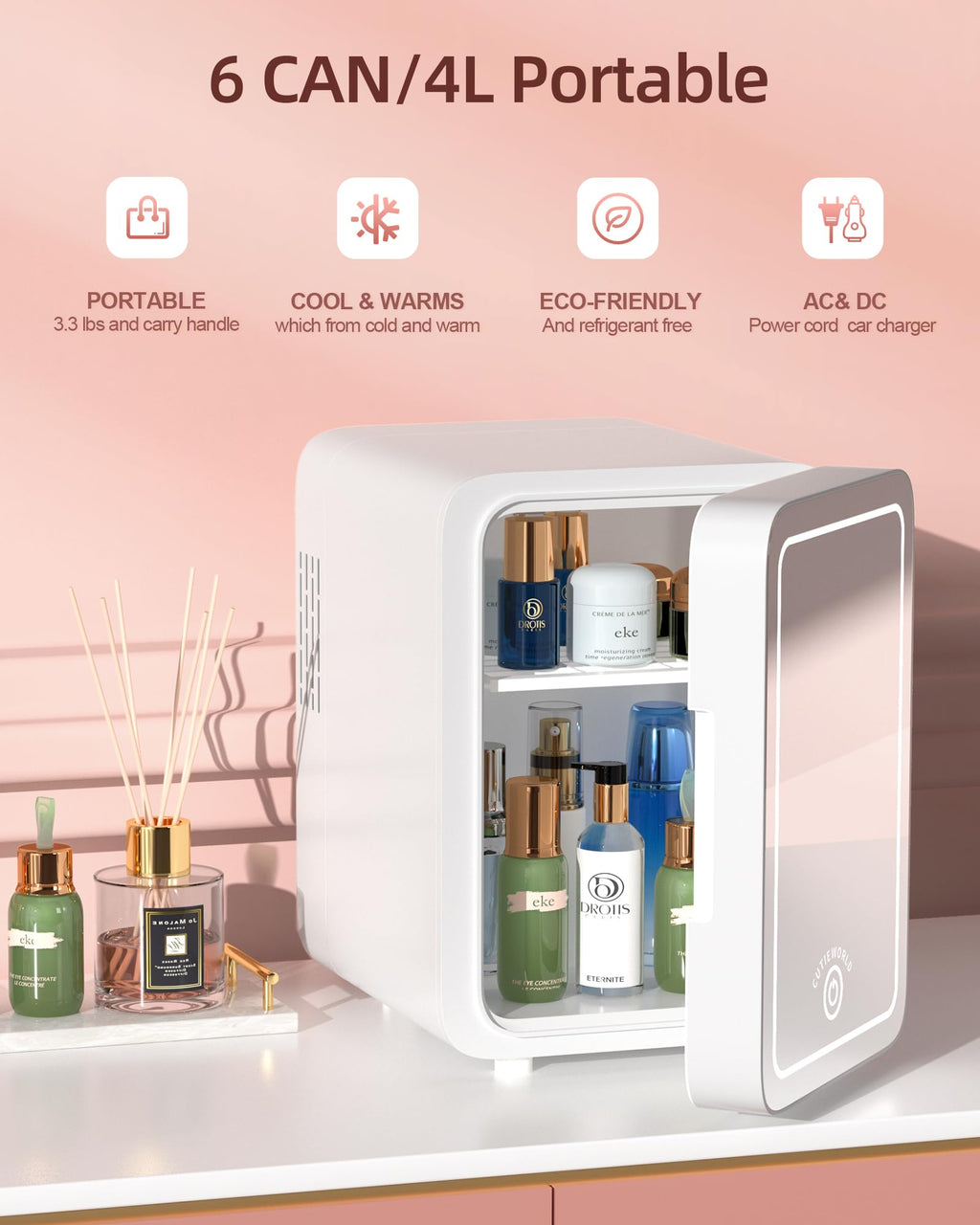 CUTIEWORLD Skincare Fridge - 4L Makeup Fridge for Refrigerating Makeup, Skincare and Food, Mini Fridge for Bedroom, Office and Car, Cooler and Warmer, Beverage Cooler, Leather Pink Jansha Store