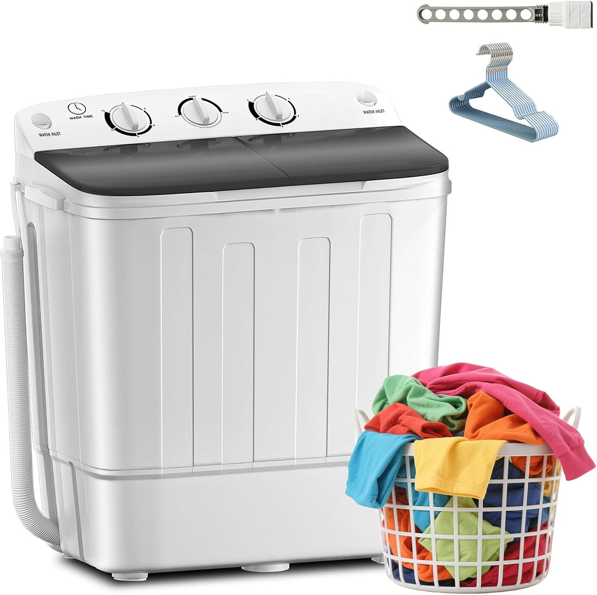 Erivess Portable Twin Tub 19lbs Washing Machine with Drying Rack and 10 Hangers, 12lbs Washer Mini Compact Laundry Machine with 7lbs Spinner, 1500rpm Semi-automatic Washer Combo for Dorm&Apartment Jansha Store