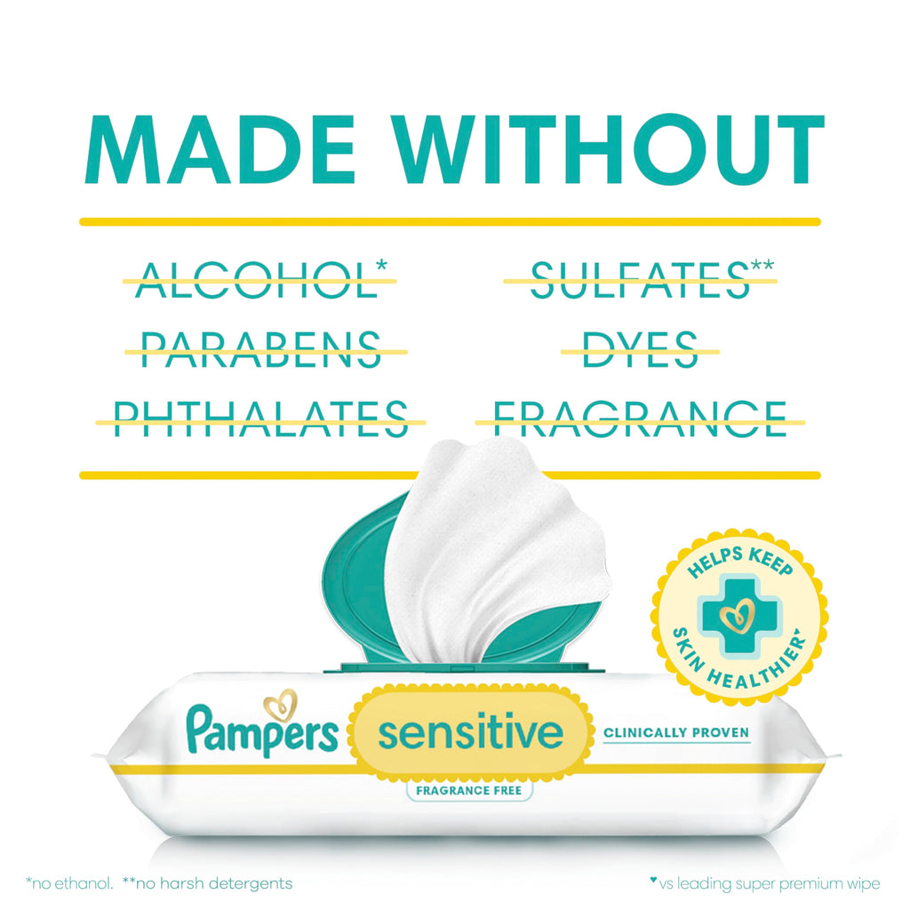 Pampers Sensitive Baby Wipes, Unscented, Fragrance Free, Clinically Proven, Water Based, Hypoallergenic, Multi-Use, Hand Wipes, 1008 Wipes Total (18X Flip-Top Packs) Jansha Store
