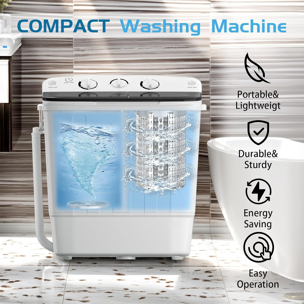 Erivess Portable Twin Tub 19lbs Washing Machine with Drying Rack and 10 Hangers, 12lbs Washer Mini Compact Laundry Machine with 7lbs Spinner, 1500rpm Semi-automatic Washer Combo for Dorm&Apartment Jansha Store
