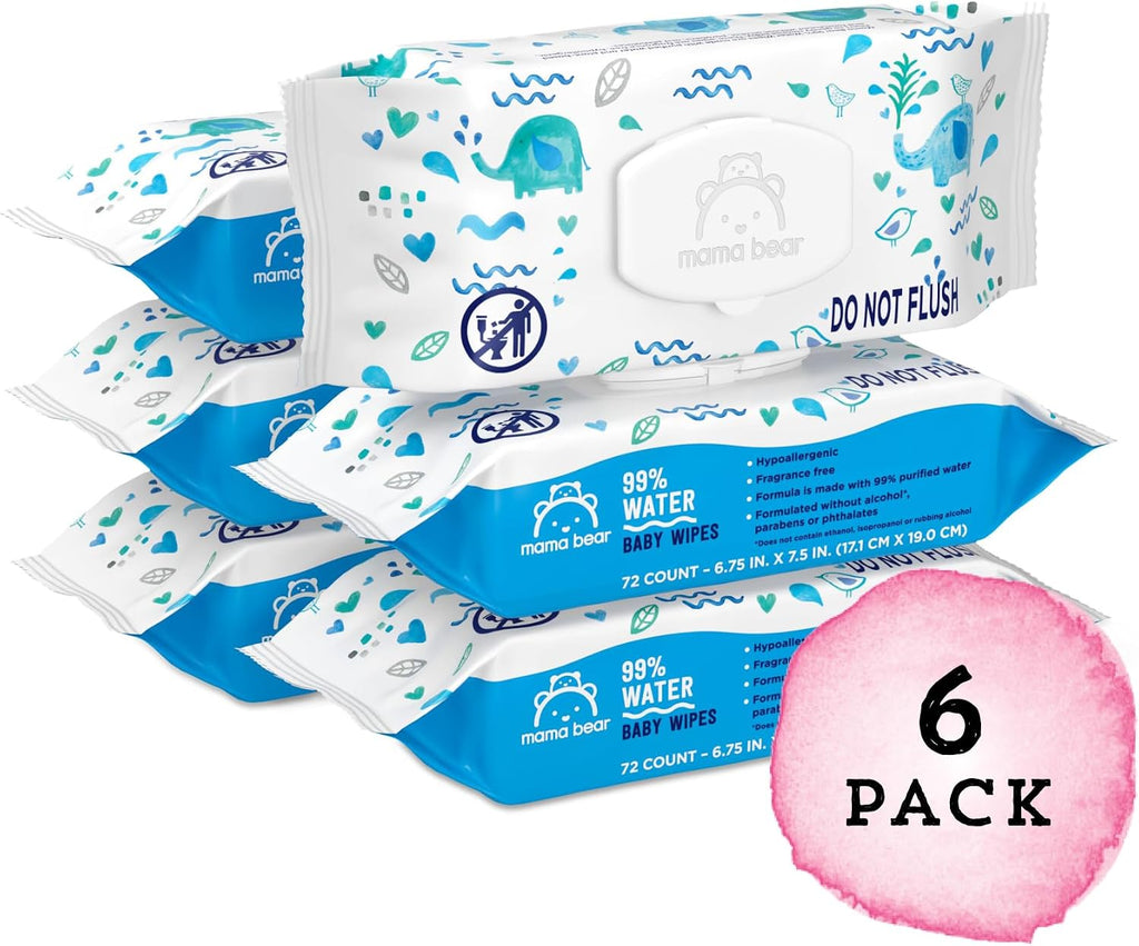 Amazon Brand - Mama Bear 99% Water Baby Wipes, Hypoallergenic, Fragrance Free,72 Count (Pack of 6) Jansha Store