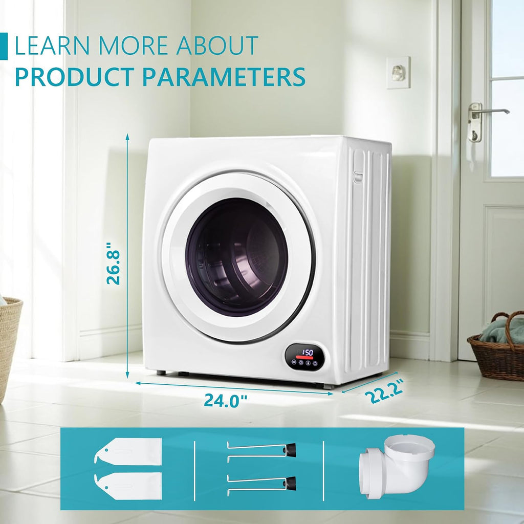 Euhomy Compact Laundry Dryer, 3.5 cu ft Front Load Stainless Steel Clothes Dryers With Exhaust Pipe, 1500W, LCD Control Panel Four-Function Portable Dryer For Apartments, Home, Dorm, White Jansha Store