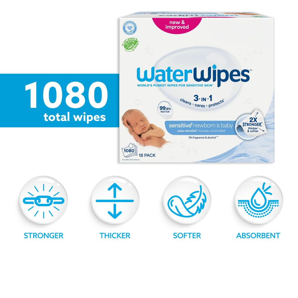 WaterWipes Sensitive+ Newborn & Baby Wipes, 3-In-1 Cleans, Cares, Protects, 99.9% Water, Unscented & Hypoallergenic, 720 Count (12 Packs) Jansha Store