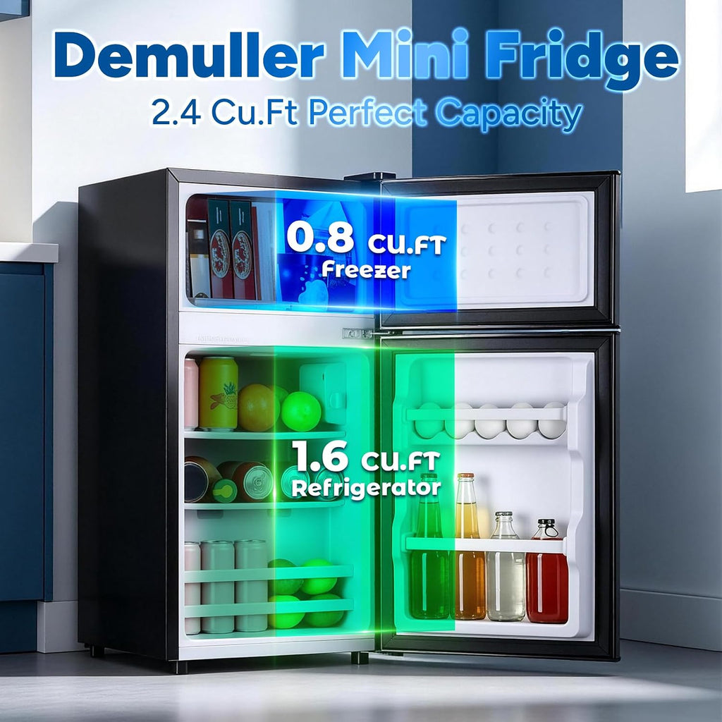 DEMULLER 2.4 Cu.Ft Small Refrigerator with Freezer Mini Fridge Removable Plastic Shelves Ideal for Apartment,Dormitory Black Jansha Store