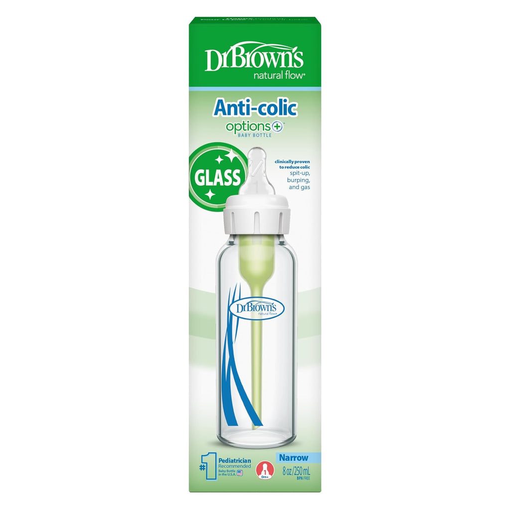 Dr. Brown's Anti-Colic Options+ Narrow Glass Baby Bottle, 8 oz/250 mL, with Level 1 Slow Flow Nipple, BPA-Free, 0m+, 1 Pack Jansha Store