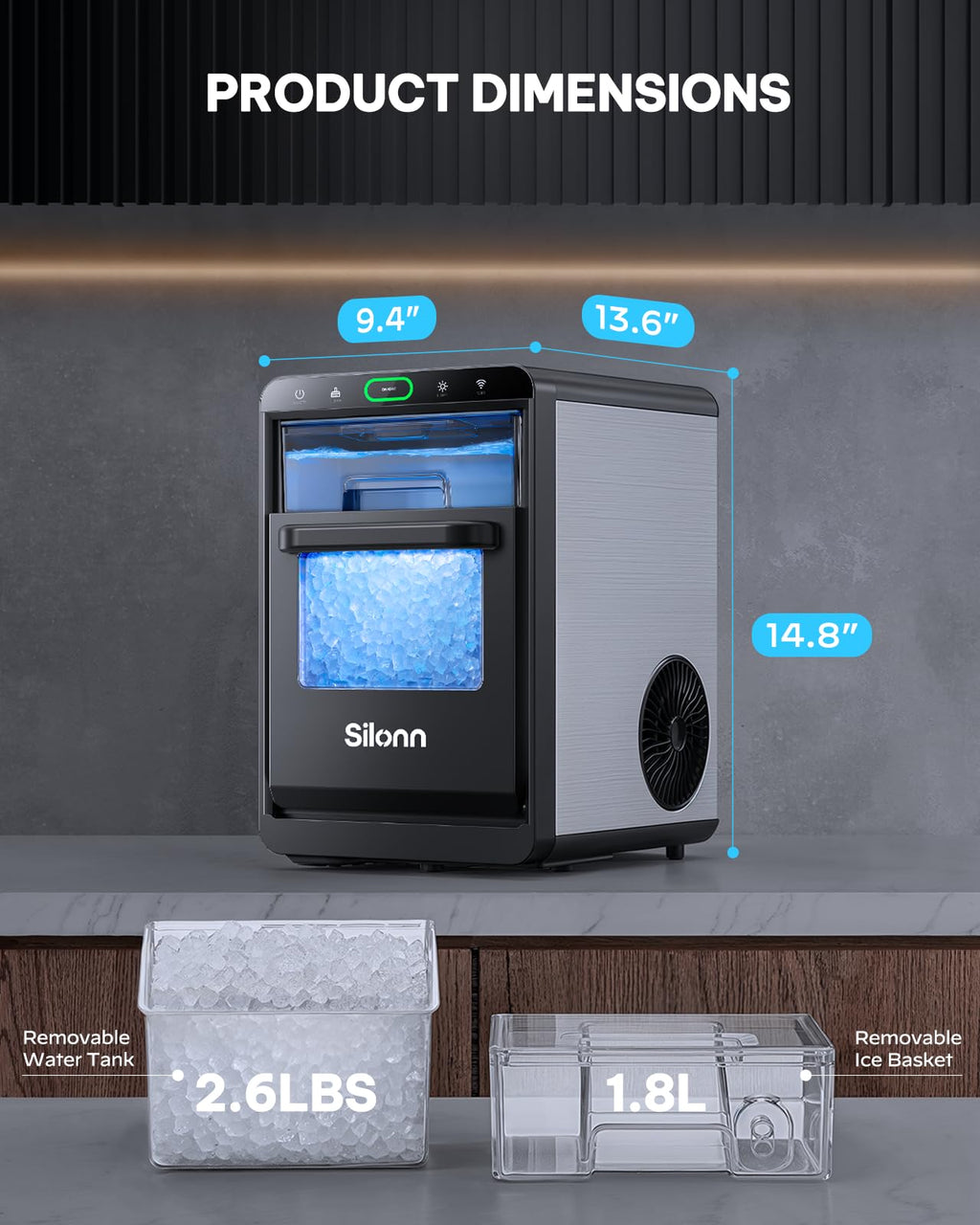 Silonn Ice Maker Countertop, 9 Cubes Ready in 6 Mins, 26lbs in 24Hrs, Self-Cleaning Ice Machine with Ice Scoop and Basket, 2 Sizes of Bullet Ice for Home Kitchen Office Bar Party Jansha Store