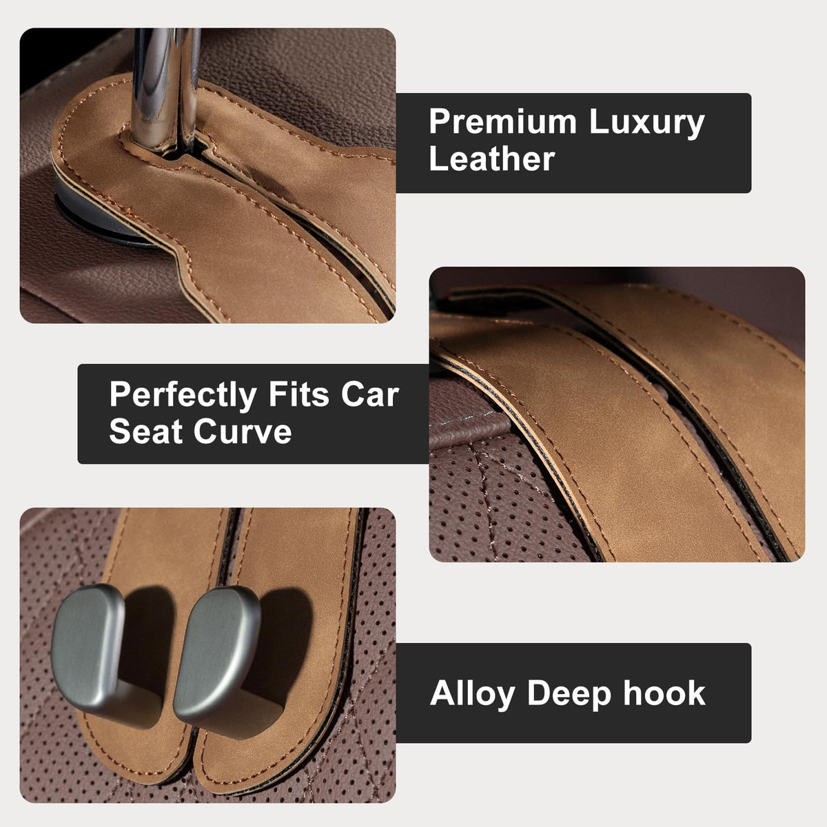 CoBak Purse Hook for Car - Universal Premium Stitched Leather and Aluminum-Magnesium Alloy Double Car Seat Back Storage Hook for Purses, Handbags, Bags (2 Pack),Black Jansha Store