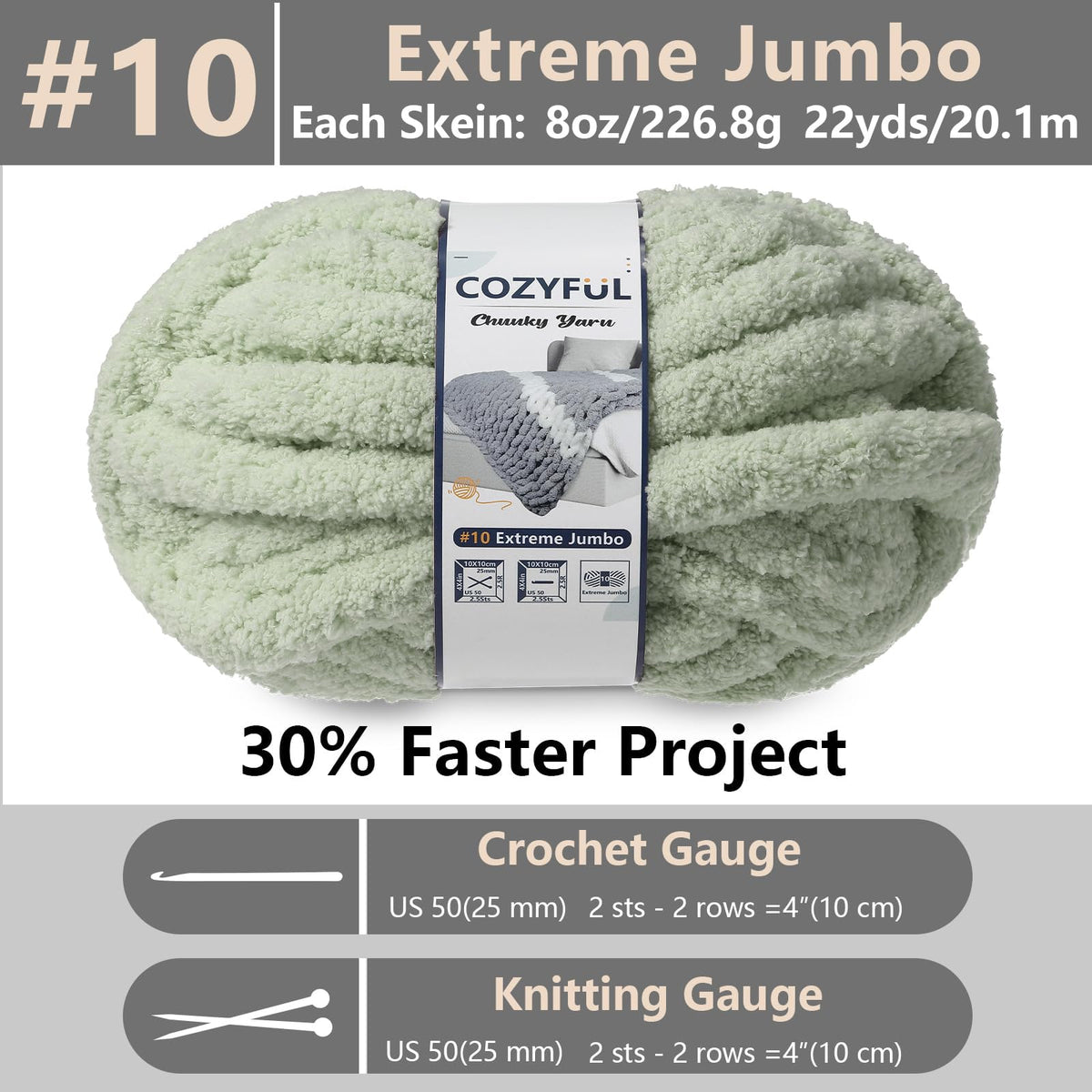 Cozyful Chunky Yarn for Hand Knitting - #10 Chunky Chenille Yarn, Jumbo Big Thick Chunky Yarns for Crocheting, Super Bulky Chunky Knit Blanket Yarns, 8 Skein (22 yds 8 oz Each Skein), Soft Sage Green Jansha Store
