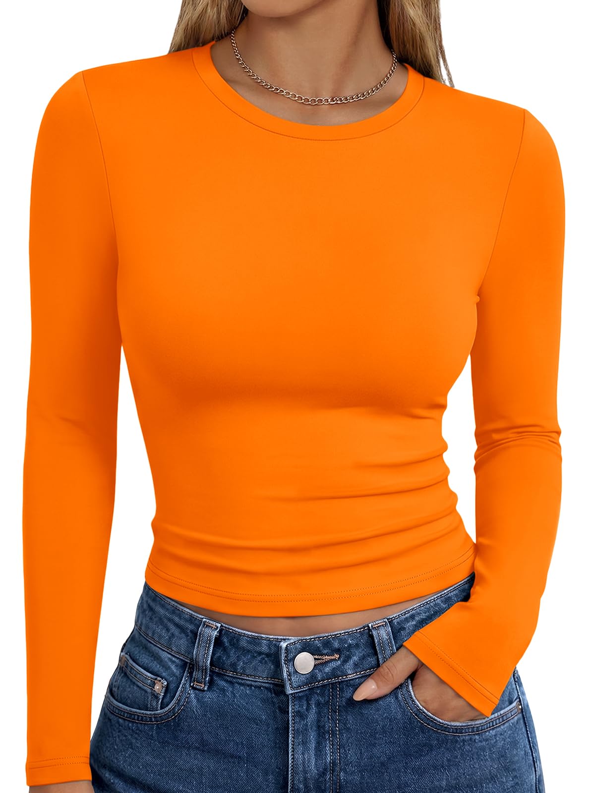Close-up of the long sleeve tee's soft fabric and crew neckline detail