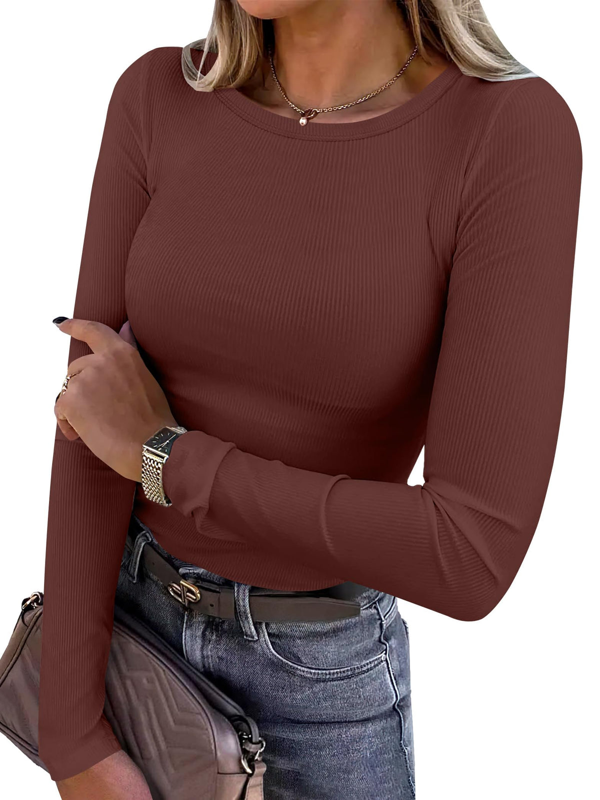 ANRABESS Women Long Sleeve Shirts Ribbed Fitted Tops Jansha Store