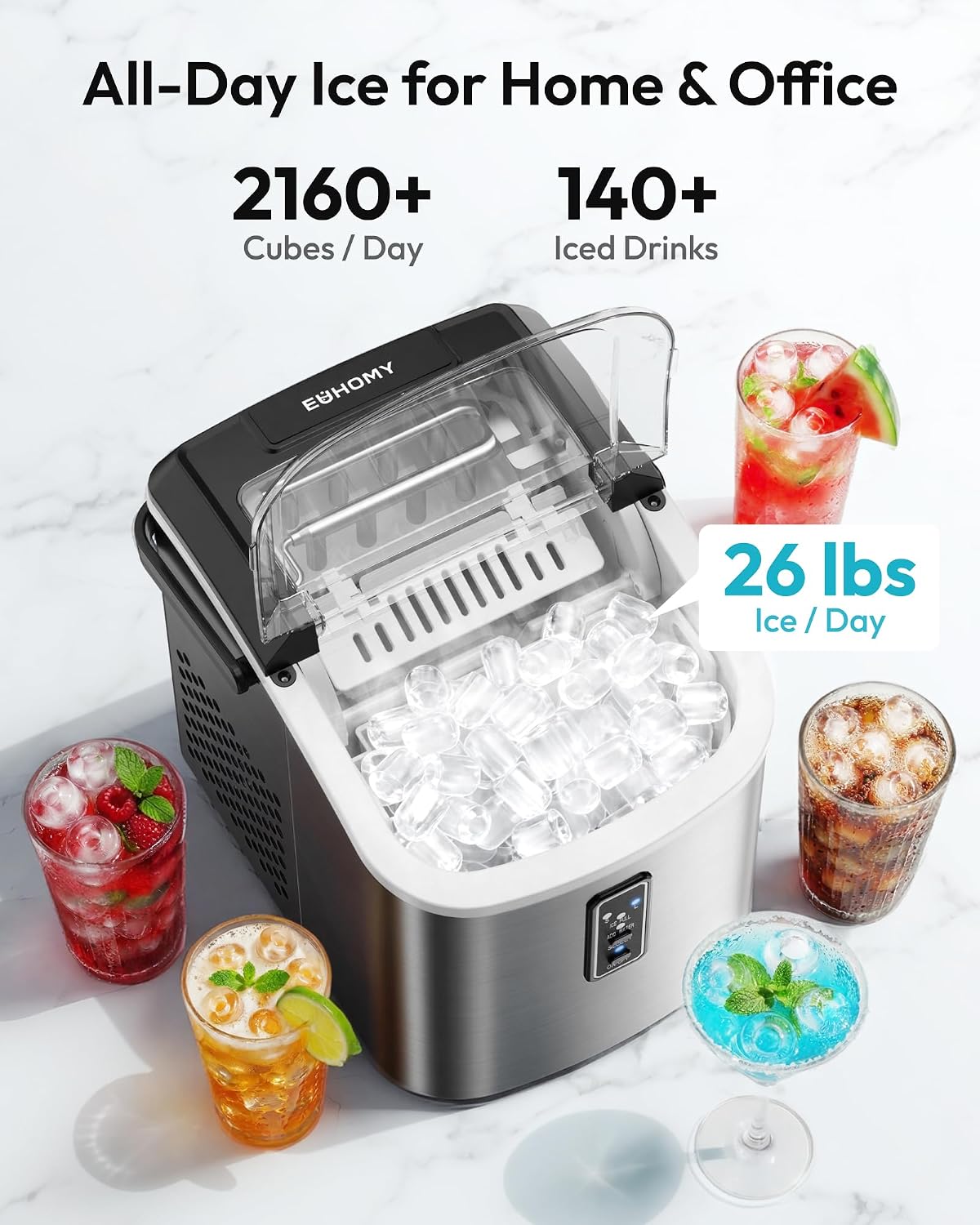 EUHOMY Ice Maker Countertop, 9 Cubes Ready in 6 Mins, 26lbs/24H, Self-Cleaning, Portable Ice Maker Machine with Carry Handle, Basket and Scoop, 2 Sizes of Bullet Ice for Home, Kitchen, Office Jansha Store