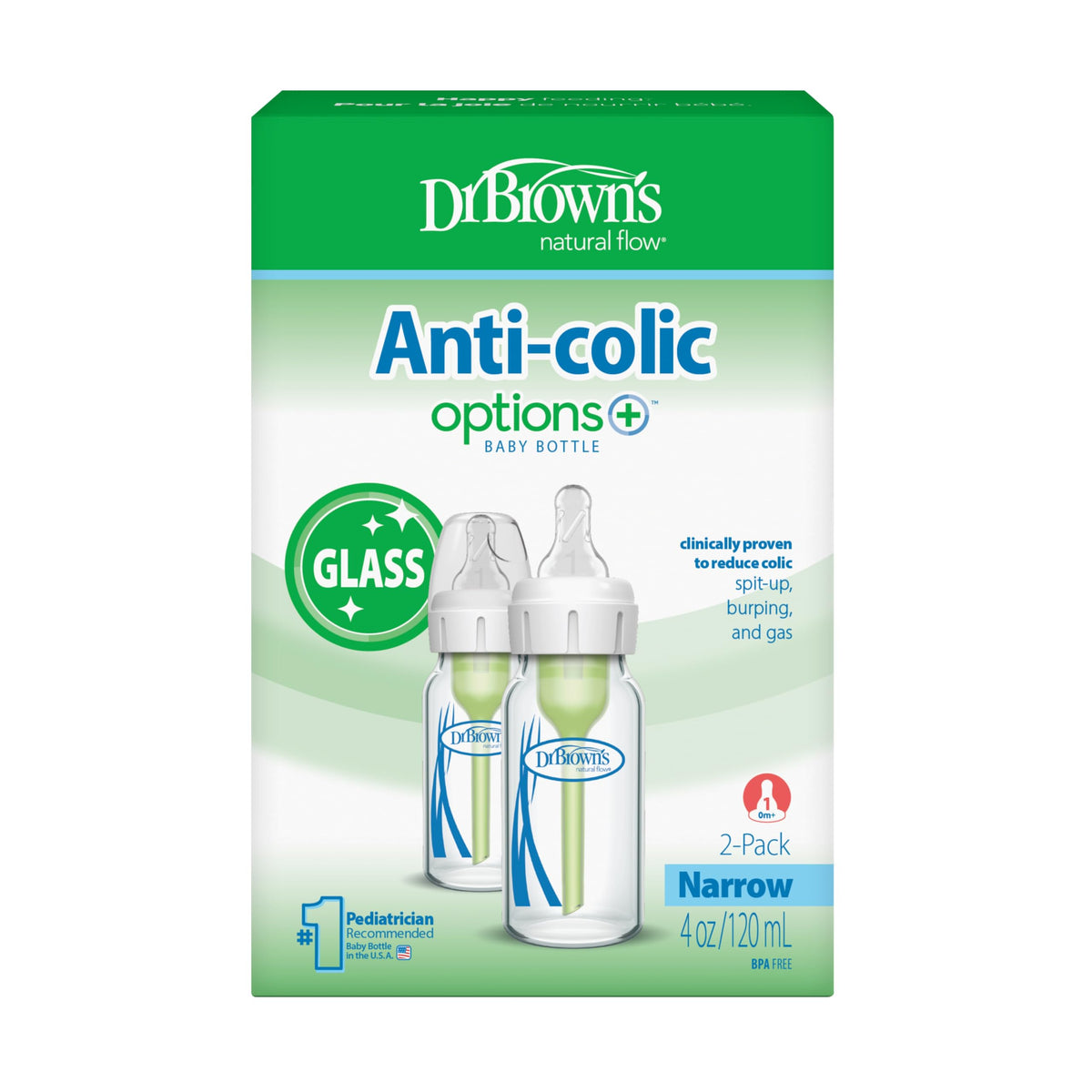 Dr. Brown's Anti-Colic Options+ Narrow Glass Baby Bottle, 8 oz/250 mL, with Level 1 Slow Flow Nipple, BPA-Free, 0m+, 1 Pack Jansha Store