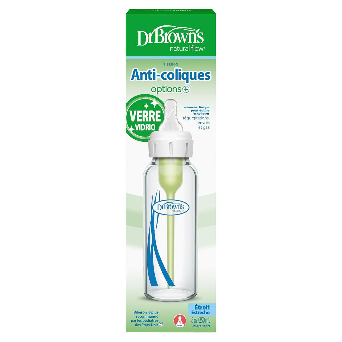 Dr. Brown's Anti-Colic Options+ Narrow Glass Baby Bottle, 8 oz/250 mL, with Level 1 Slow Flow Nipple, BPA-Free, 0m+, 1 Pack Jansha Store