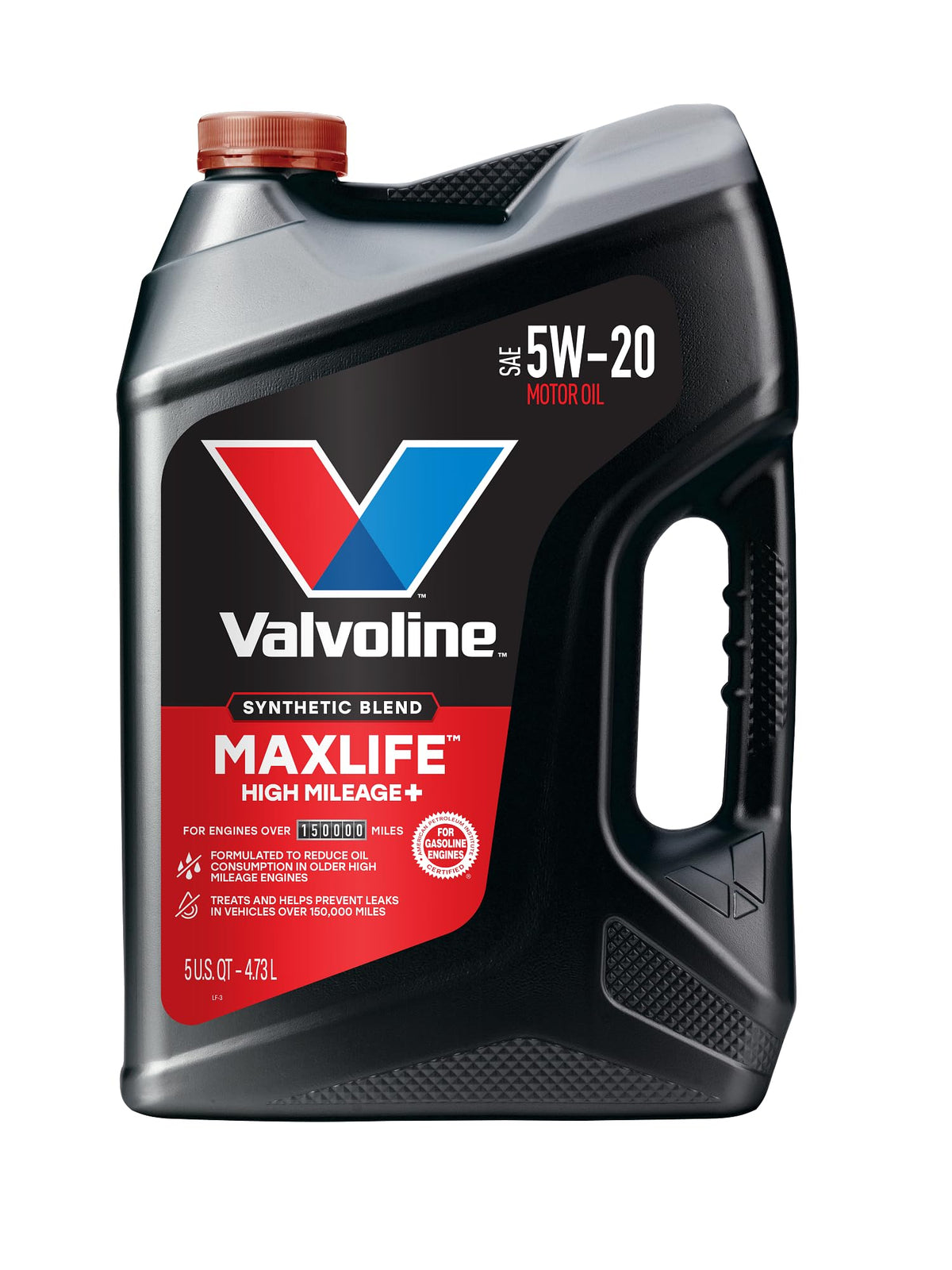 5-quart synthetic blend motor oil jug on garage shelf for older high mileage vehicles
