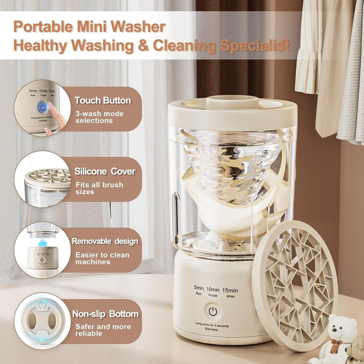 Portable Mini Washing Machine, Rechargeable Underwear Washing Machine Makeup Brush Cleaner Machine Small Clothes Mini Washer for Home, Hotel, Travel and Camping (Cream) Jansha Store