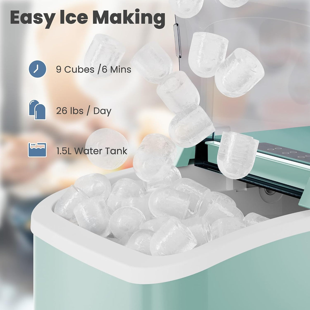 DUMOS Countertop Ice Maker with Handle, 26lbs/24H, Makes 9 Bullet Cubes in 6 Mins, Auto-Cleaning, Portable Ice Machine for Home Kitchen RV Camping, Green Jansha Store
