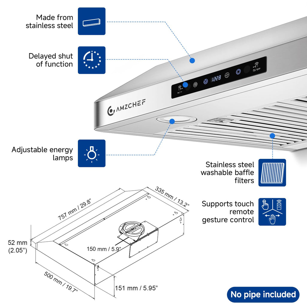 AMZCHEF 30" Under Cabinet Range Hood, 750CFM Stainless Steel Vent Hood Jansha Store
