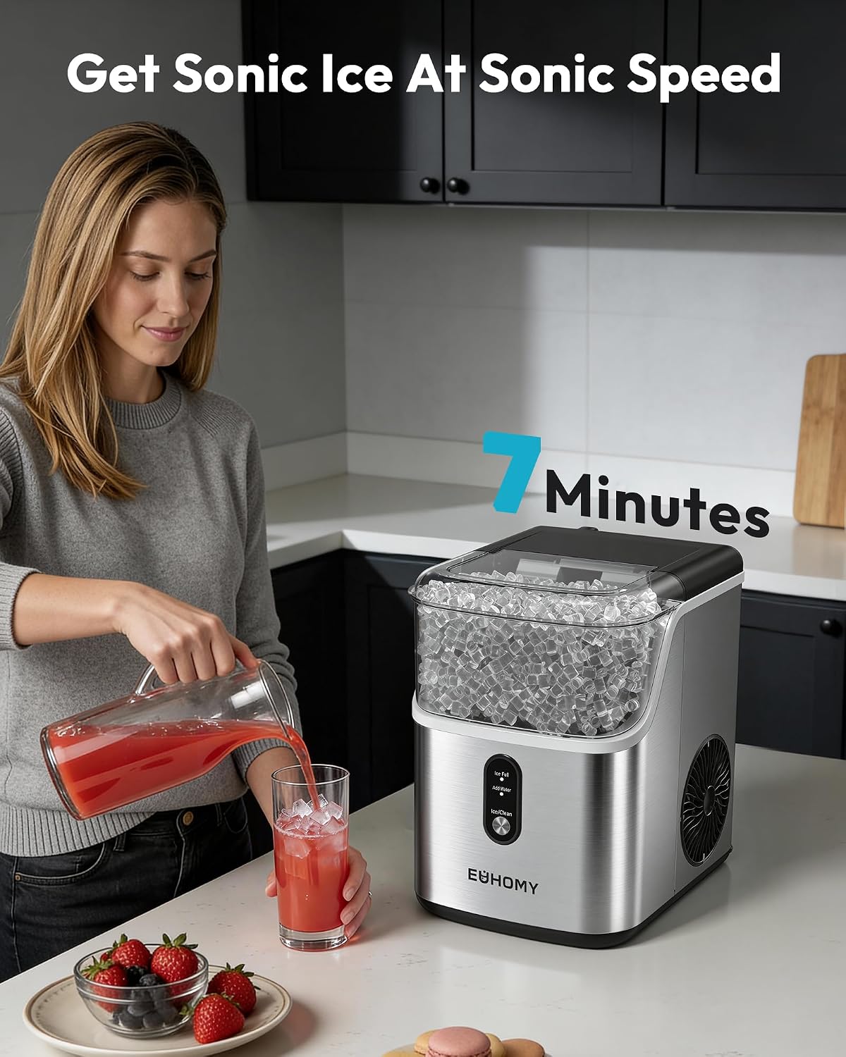 EUHOMY Nugget Ice Maker Countertop, Ready in 7 Mins, 34Lbs/24H Pebble Ice Maker Machine, Self-Cleaning Countertop Sonic Ice Makers with Ice Scoop&Basket, Pellet Ice Maker for Home, Stainless Steel Jansha Store