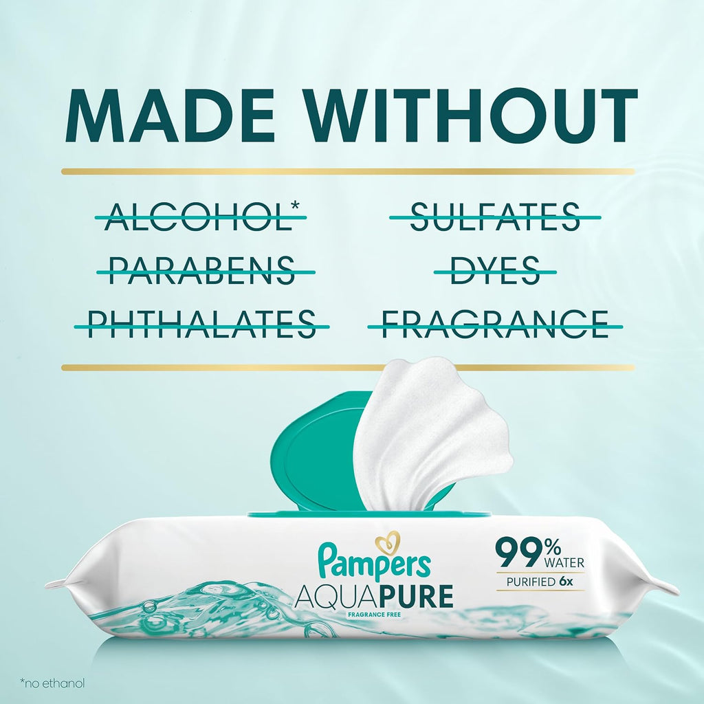 Pampers Aqua Pure Baby Wipes, Unscented, Fragrance Free, 99% Water, Water Based, Multi-Use, 672 Wipes Total (12X Flip-Top Packs) Jansha Store