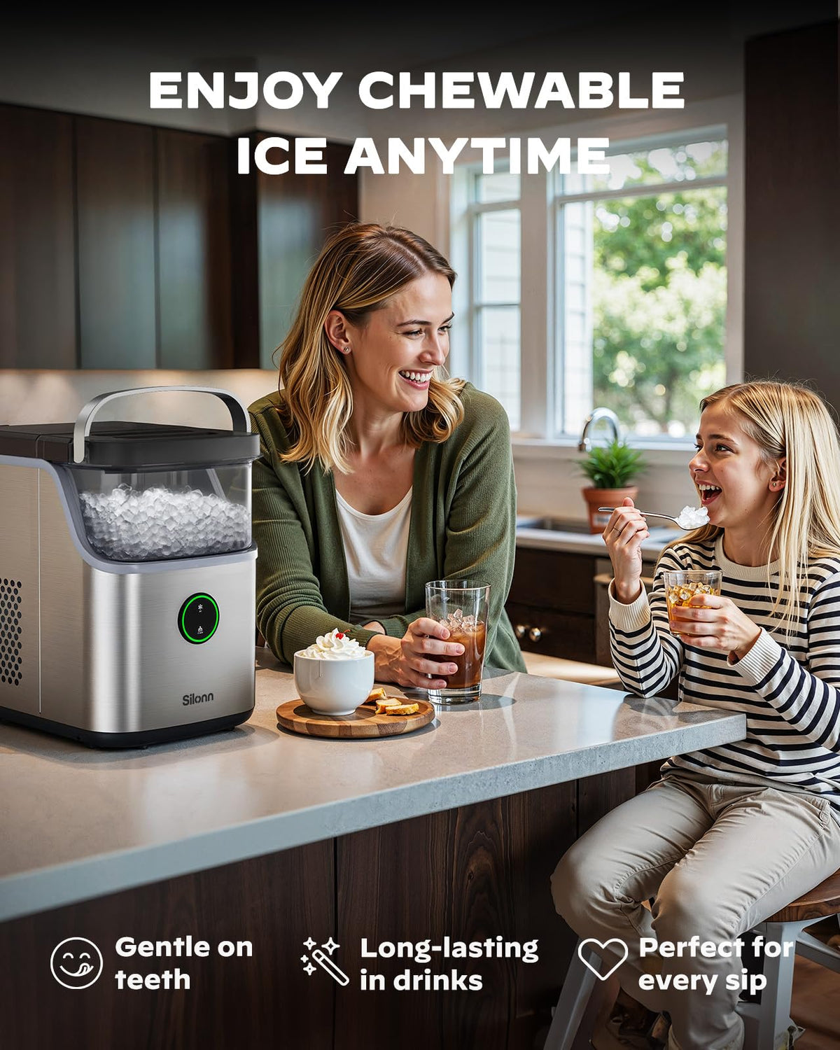 Silonn Nugget Ice Maker Countertop, Pellet Ice Machine with Self-Cleaning Function, Sonic Ice Maker Produces 36lbs of Chewable Ice in 24 Hours, Ideal for Home Kitchen and Office (Stainless Steel) Jansha Store
