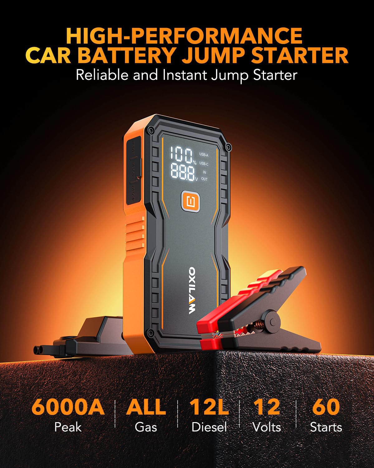 OXILAM 20000mAh Jump Starter for All Gas & Diesel Engines, 9000A Battery Jumper Starter Portable, 12V Jump Box with Quick Charger, Extended Jumper Cable, LED Display, USB, DC, Type C Port & LED Light Jansha Store