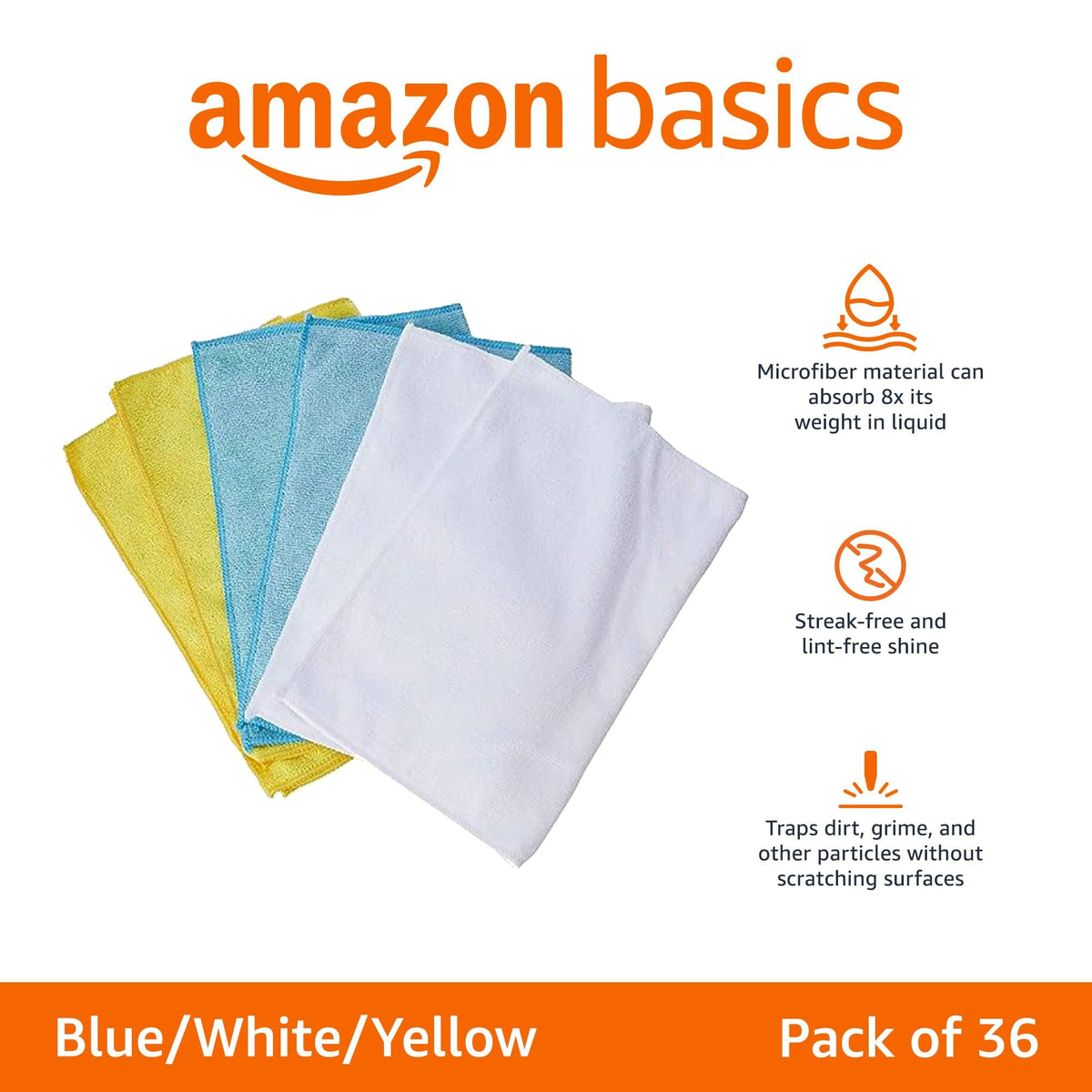 Amazon Basics Microfiber Cleaning Cloths, Ultra Absorbent, Lint Free, Streak Free, Non-Abrasive, Reusable and Washable, 16" x 12", Blue/White/Yellow, Pack of 24 Jansha Store