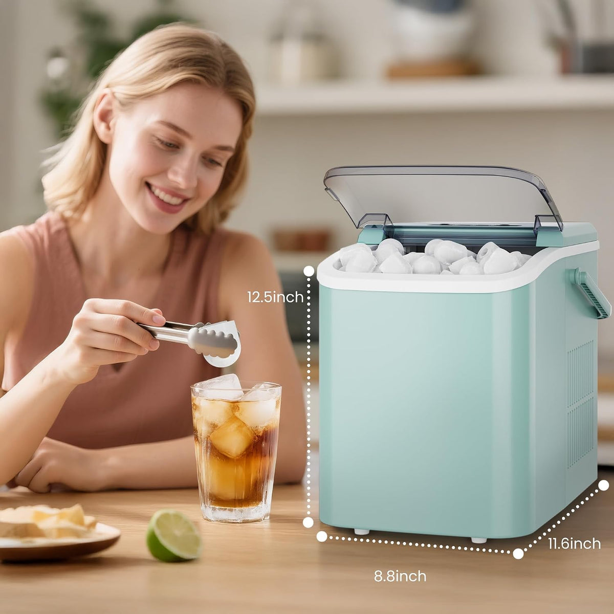 DUMOS Countertop Ice Maker with Handle, 26lbs/24H, Makes 9 Bullet Cubes in 6 Mins, Auto-Cleaning, Portable Ice Machine for Home Kitchen RV Camping, Green Jansha Store