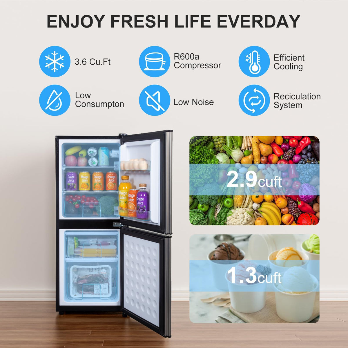 Cucina Magica Mini Fridge with Freezer, 3.8 Cu.Ft Small Fridge, Dorm Fridge Jansha Store