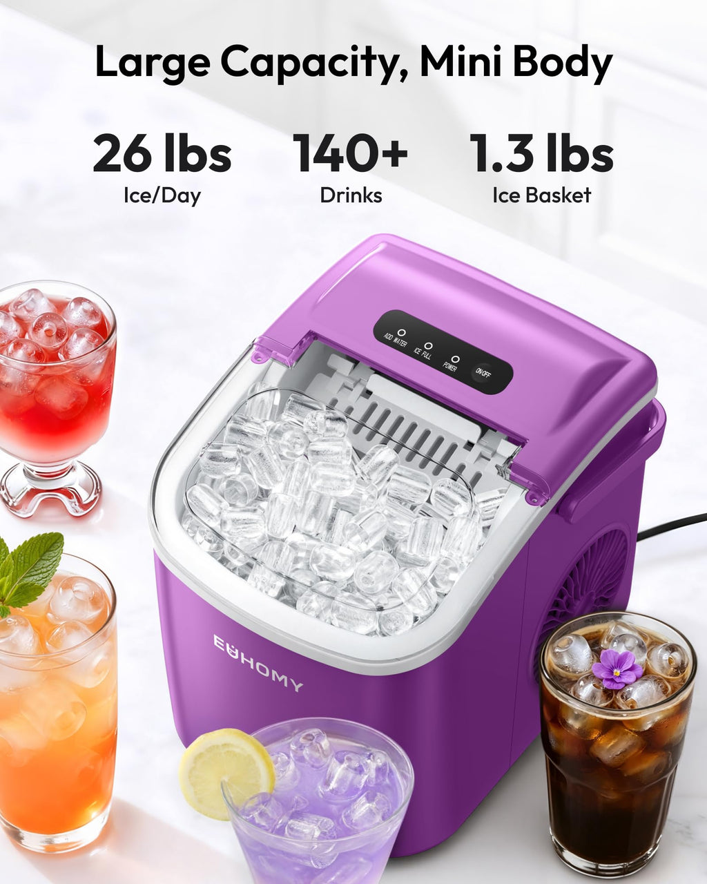 EUHOMY Countertop Ice Maker Machine with Handle, 26lbs in 24Hrs, 9 Ice Cubes Ready in 6 Mins, Auto-Cleaning Portable Ice Maker with Basket and Scoop, for Home/Kitchen/Camping/RV. (Black) Jansha Store