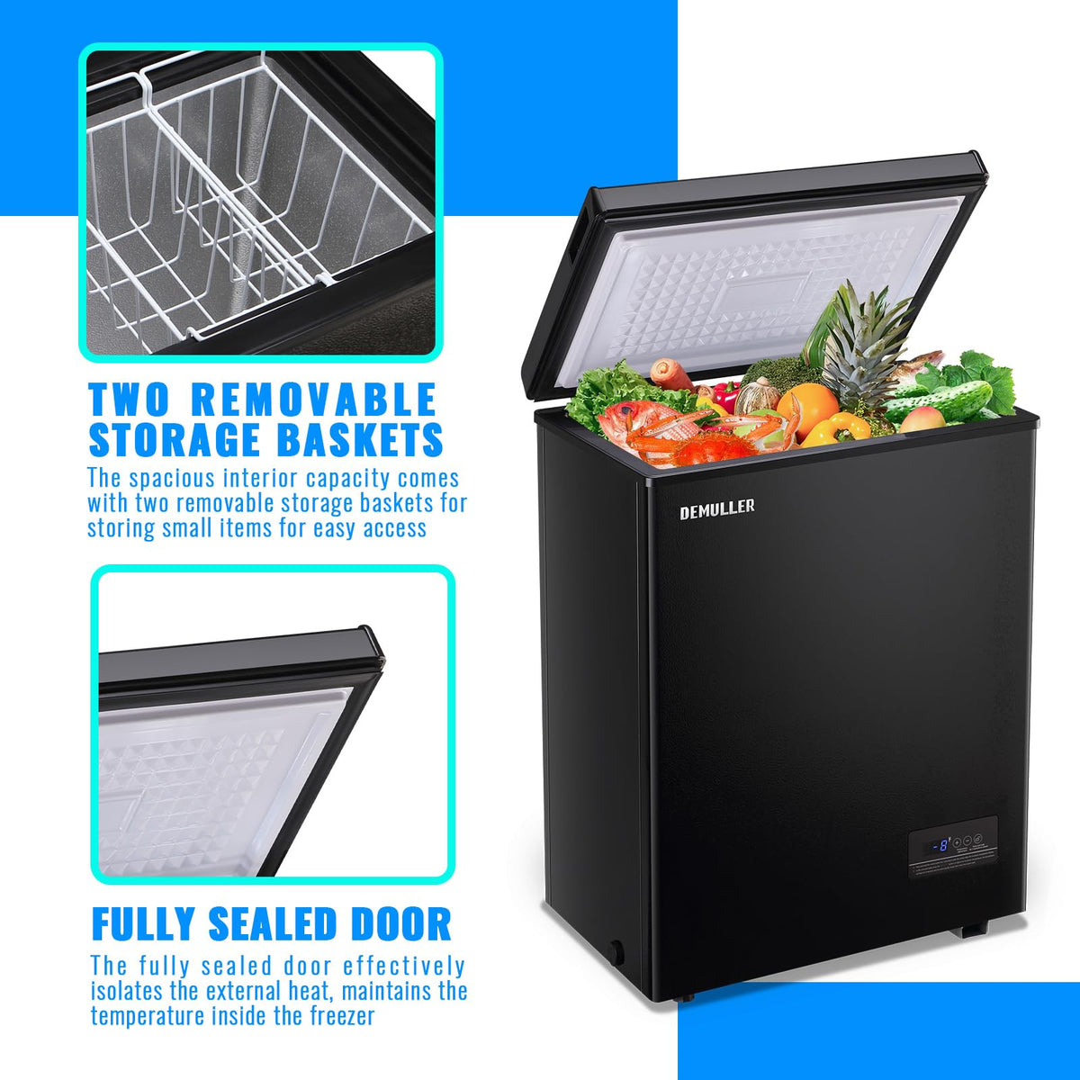 DEMULLER Chest Freezer 4.0 CU. FT Ultra-low Temperature Deep Freezers (Down to -12 ℉) with TWO Removable Baskets Accurate Display of Cabinet Temp Freestanding Black Jansha Store