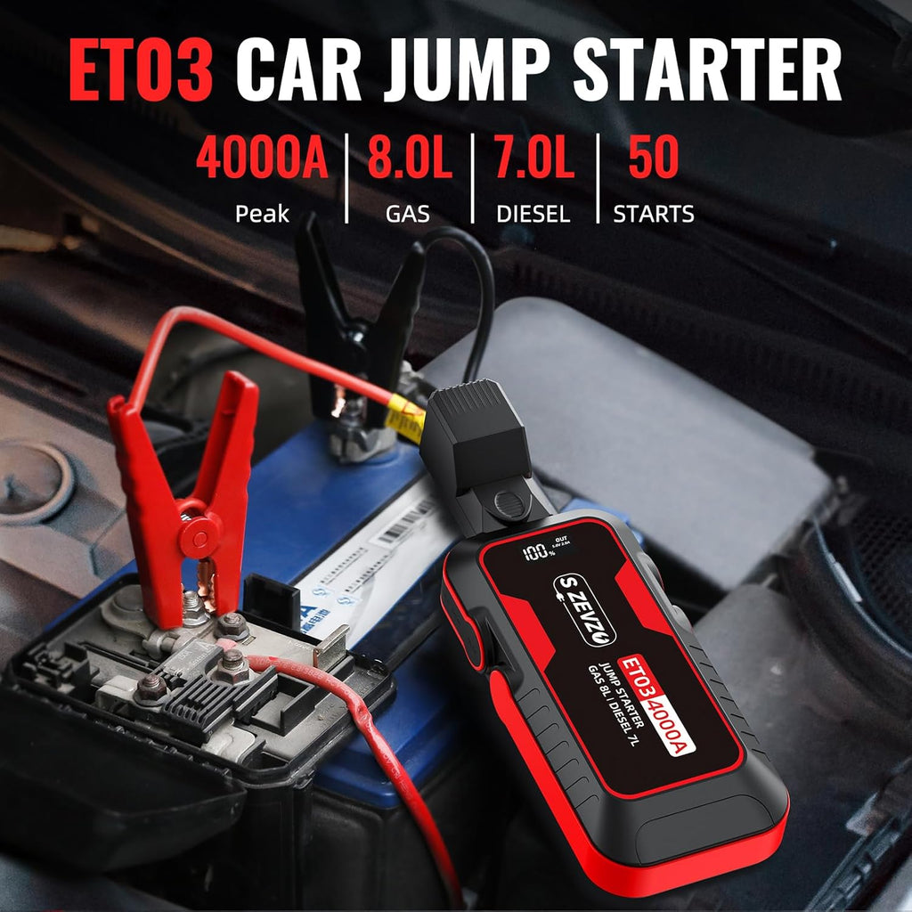 S ZEVZO ET03 Car Jump Starter 4000A Jump Starter Battery Pack for Up to 8.0L Gas and 7.0L Diesel Engines, 74Wh Portable 12V Jump Box with USB Ports, LCD Display, Storage Case, and LED Light Jansha Store
