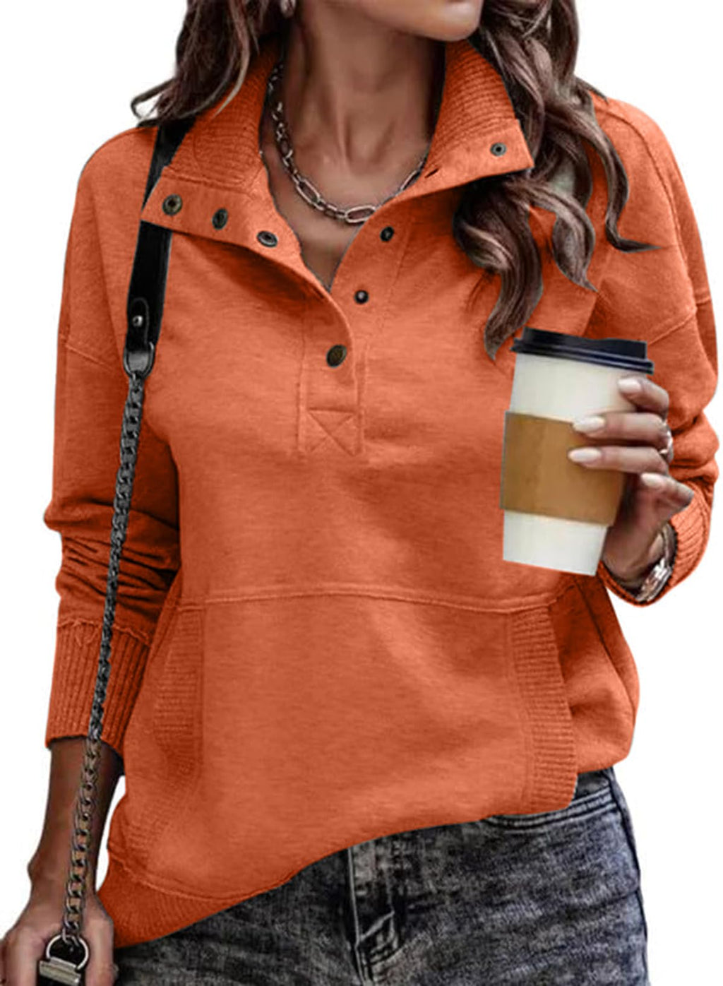 SHEWIN Women's Casual Long Sleeve Stand Neck Sweatshirt Lightweight Button Drawstring Pullover Tops Jansha Store