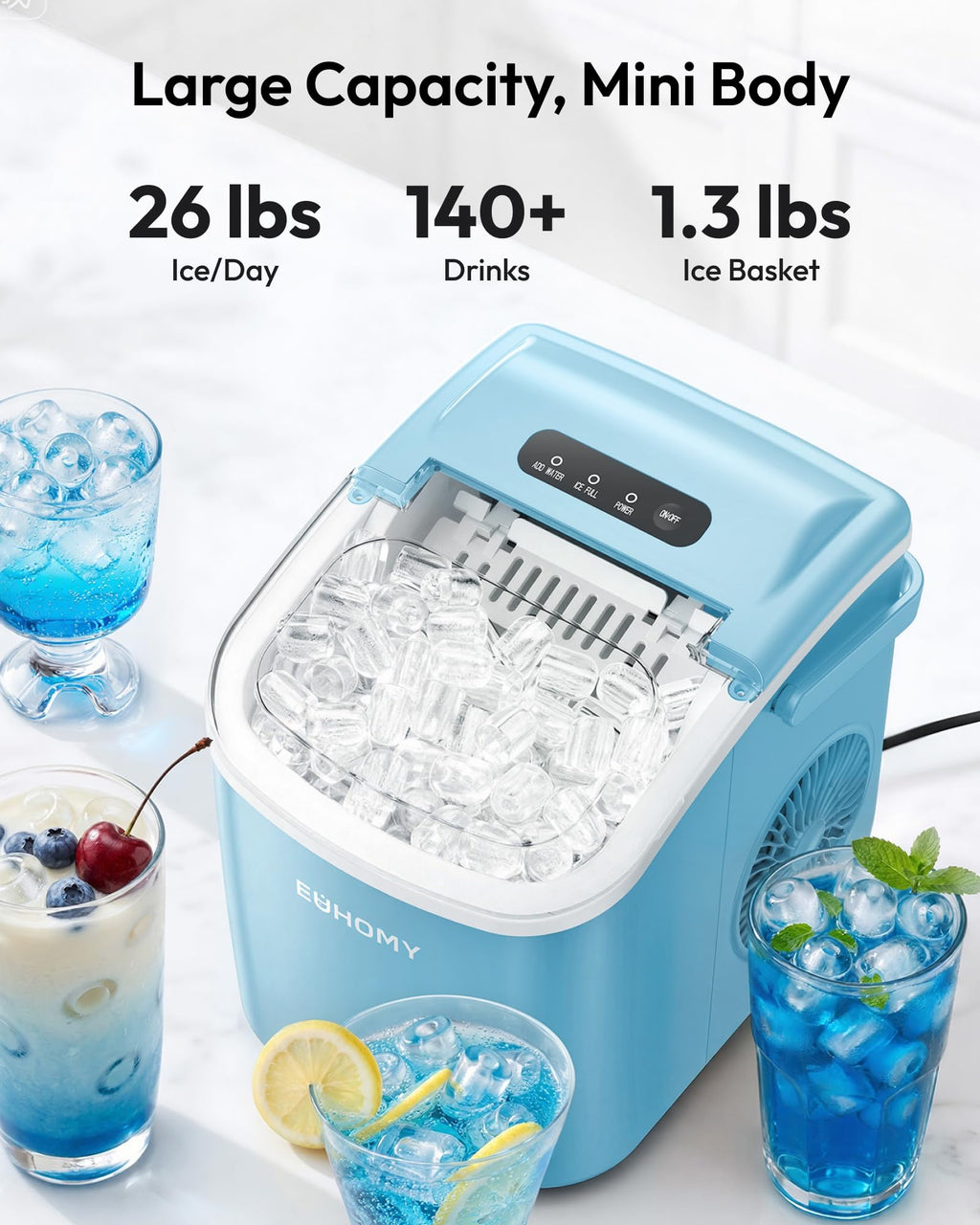 EUHOMY Countertop Ice Maker Machine with Handle, 26lbs in 24Hrs, 9 Ice Cubes Ready in 6 Mins, Auto-Cleaning Portable Ice Maker with Basket and Scoop, for Home/Kitchen/Camping/RV. (Black) Jansha Store