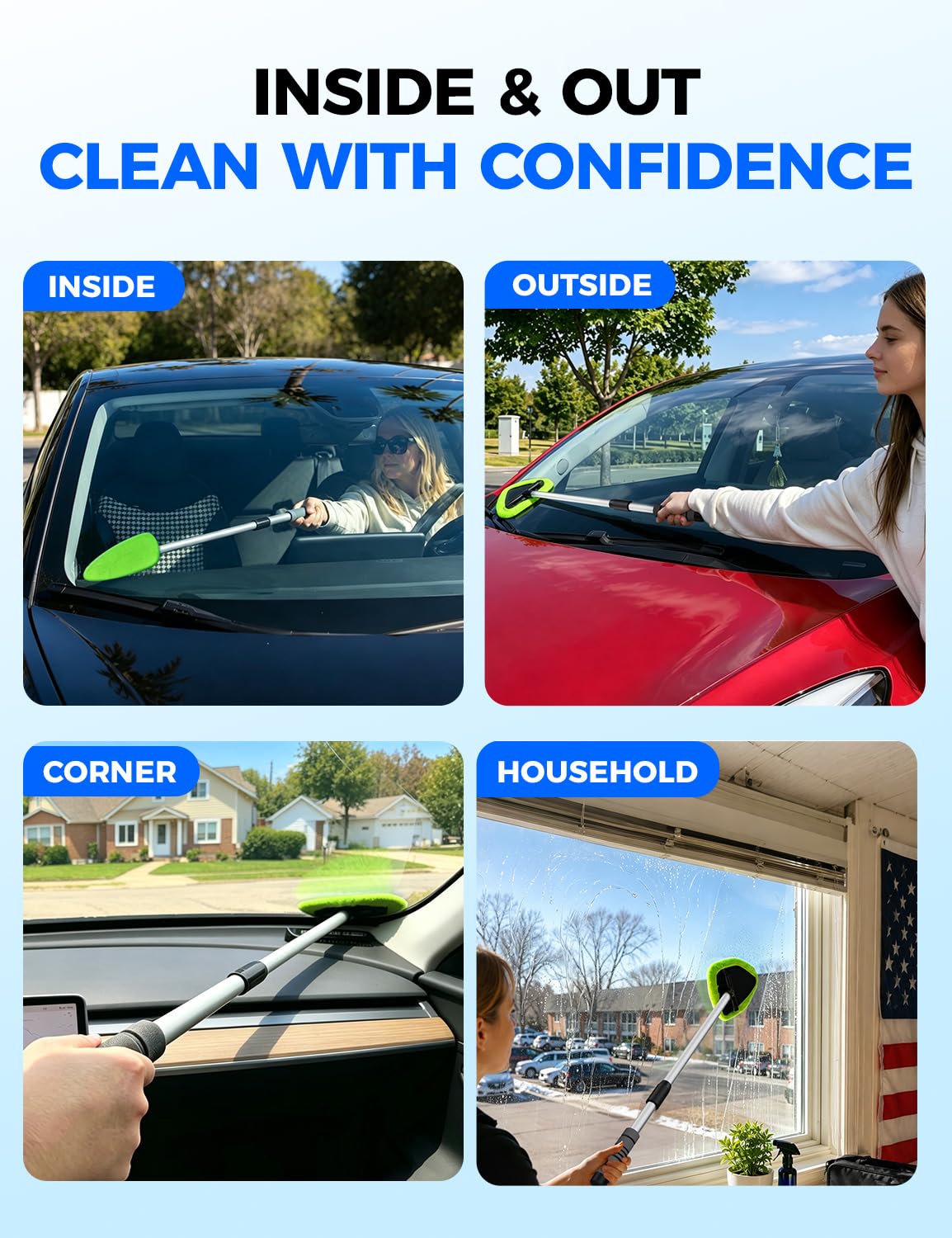 XINDELL Interior Windshield Cleaner Tool – Car Interior Window Cleaning Kit with Extendable Handle & 4 Microfiber Pads, Auto Wiper Inside Compact Windshield Brush for Car & Home Windows Jansha Store